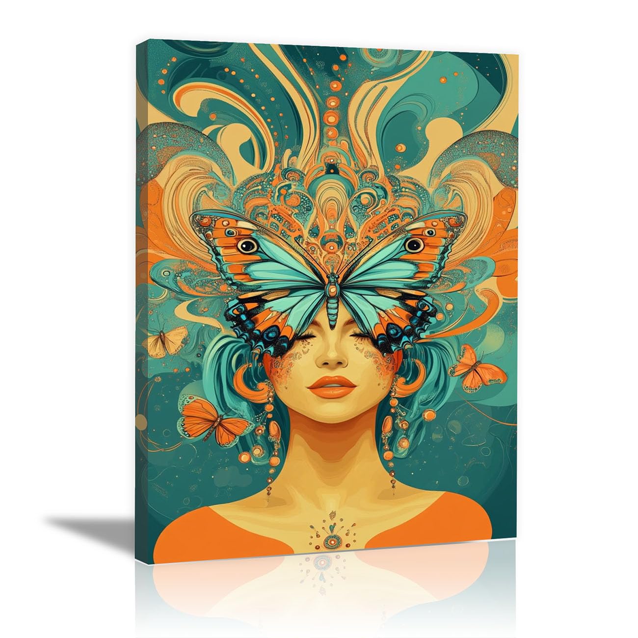 QUSAAOU Black Woman Canvas Wall Lady Butterfly Psychedelic Portrait Graffiti Canvas Art Posters Prints African Woman Modern Picture For Living Room Bedroom Office(teal)-30x45cm1 Framed