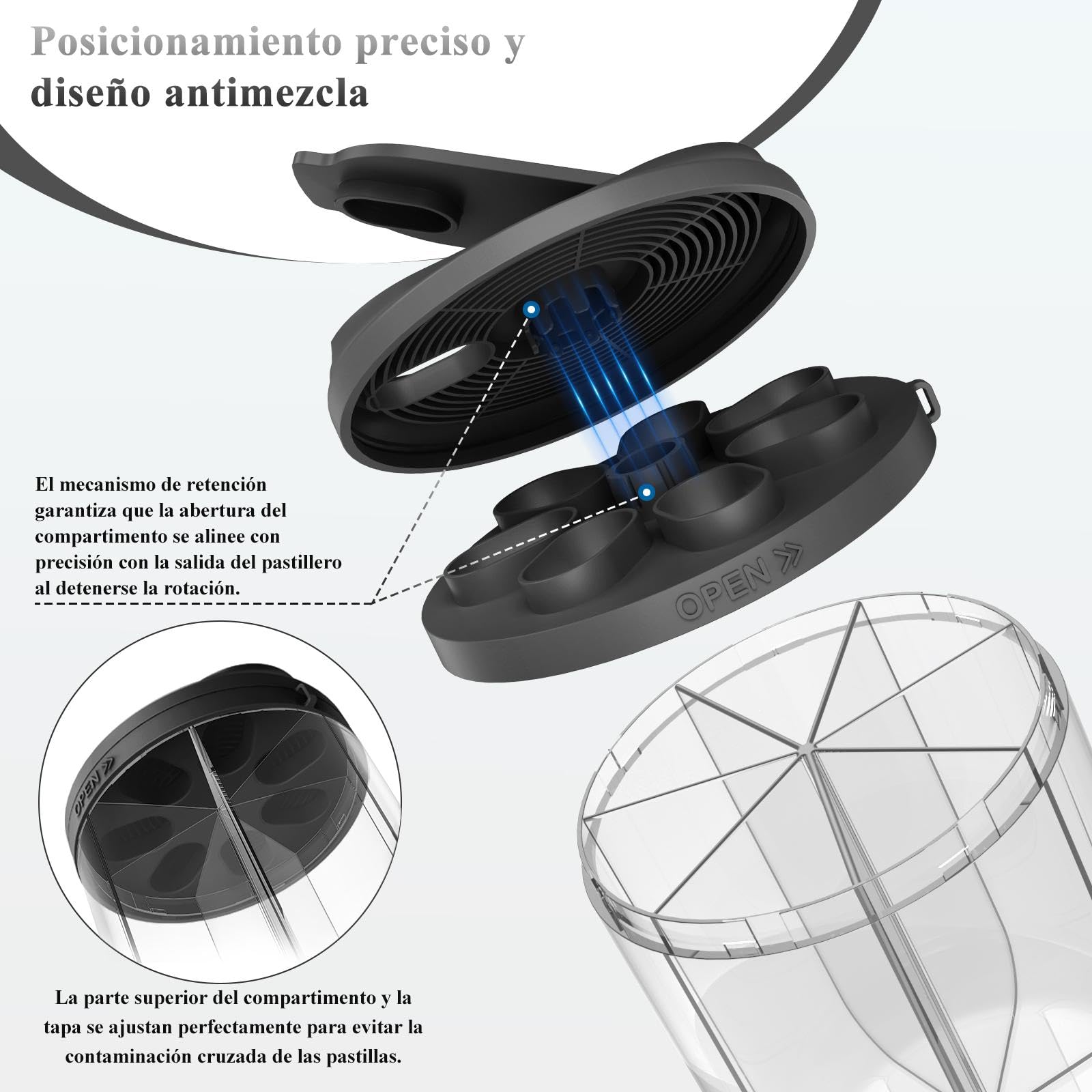 Organizador de pastillas con 7 compartimentos grandes, dispensador de pastillas para viajes, organizador de suplementos con diseño antimezclas, pastillero sin BPA con 20 etiquetas, negro — view 3