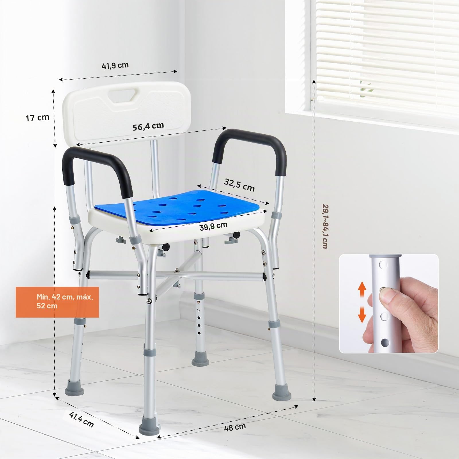 VEVOR Silla de Ducha Antideslizante Asiento de Ducha Carga de 181,4 kg con Barra Transversal Silla de Baño Altura Ajustable para Bañera de Ducha Interior para Ancianos, Mujeres Embarazadas, Azul