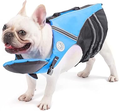 Petglad French Bulldog Life Jacket, Life Vest with Chin Float Rescue Handle for Corgi Pug, Adjustable High Visibility Flotation Swim Vest for Swimming Boating Blue