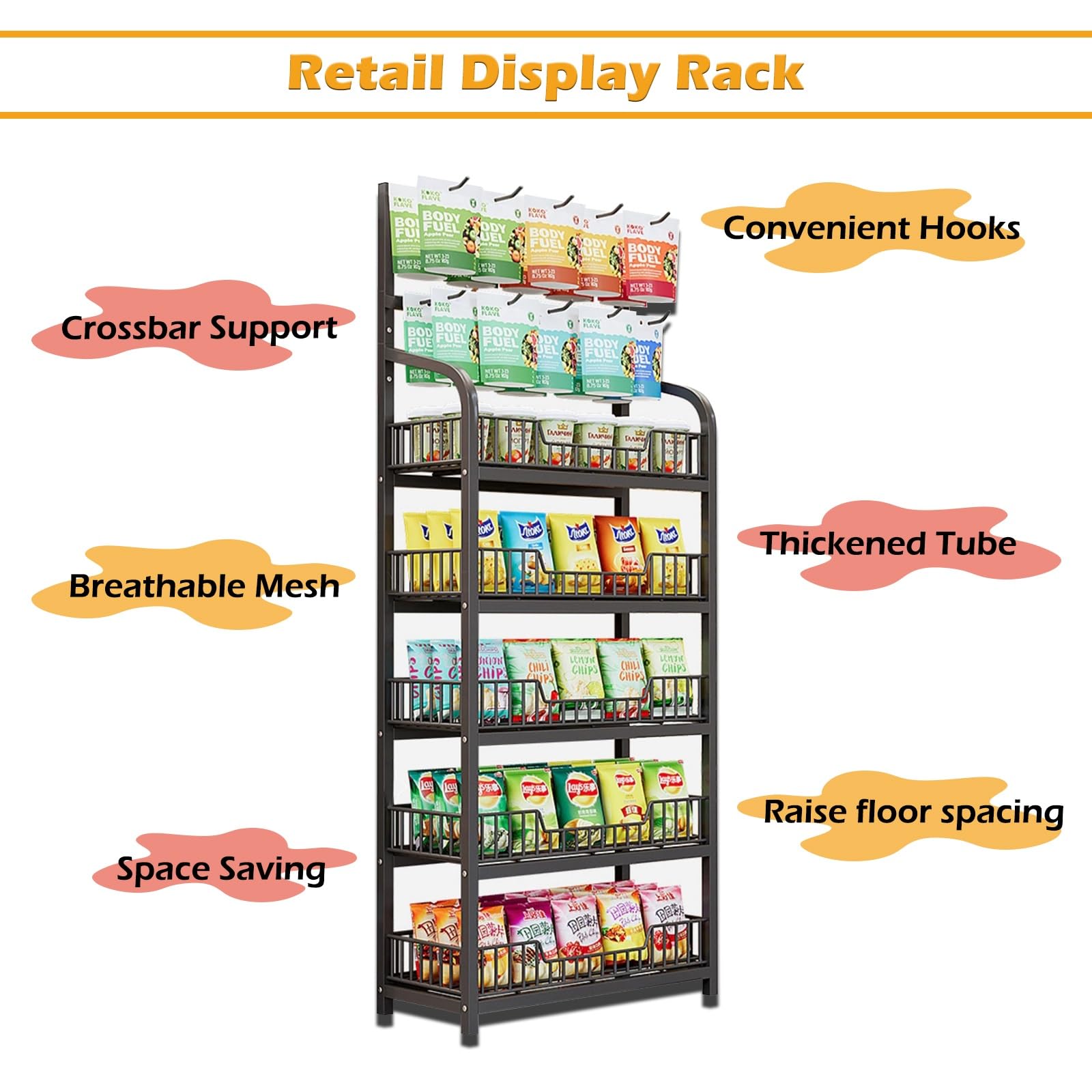 Commercial Retail Rack Display Stand 4 5 Layers, Supermarket Snack Shelf with 10 Chip Bag Hooks, Metal Convenience Stores Holder with Guardrail for Home/ Kitchen/ Pantry(Black,5-Tier L23.6in/60cm)