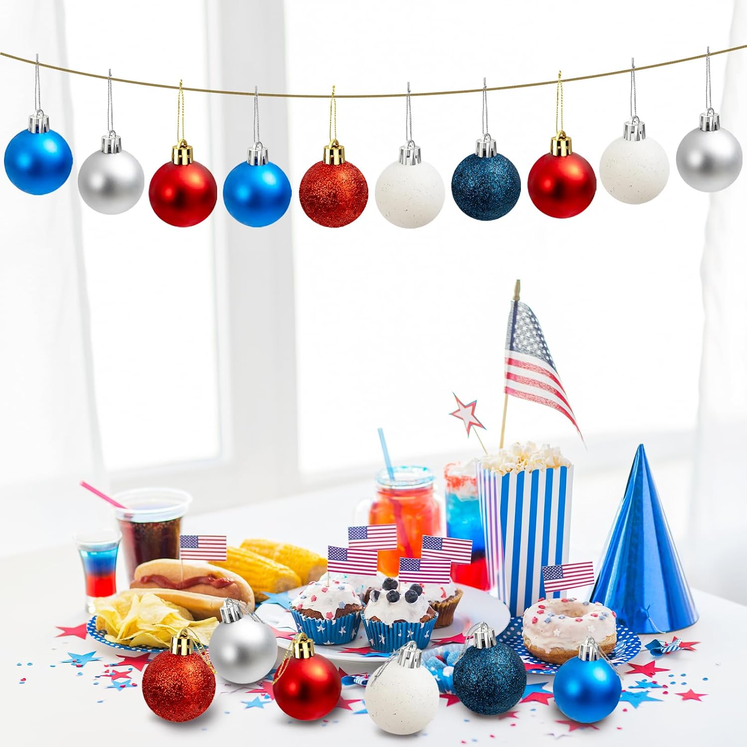 4th of July Ornaments for Tree Memorial Day Decorations - 24pcs Red White Blue Decorations Patriotic Ornaments Hanging Balls for Independence Day Veteran Day Tree Home Decor 1.57 Inch