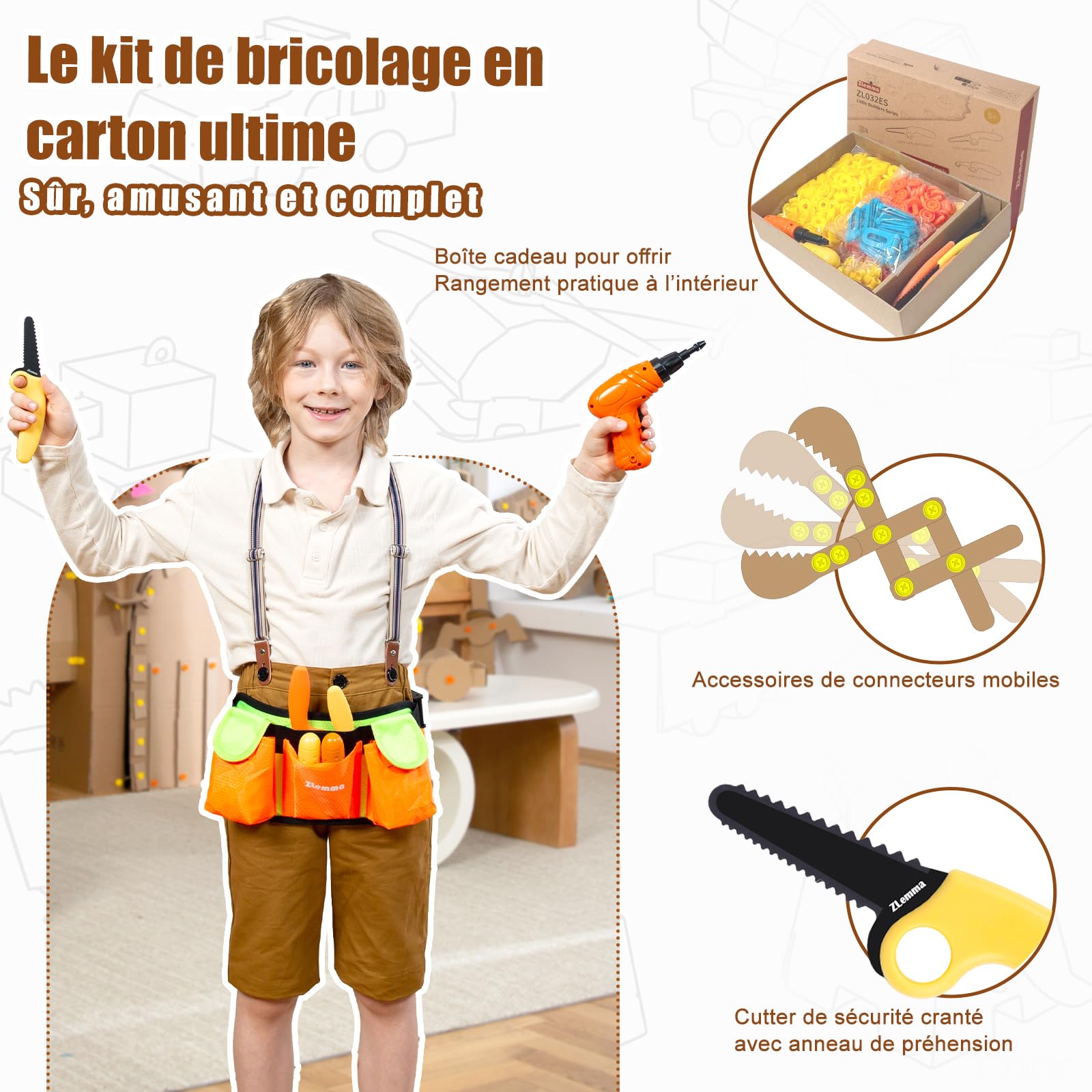 Kit Outils Créatifs en Carton 401 Pièces | Couteau Sécurisé, Rouleau, Tournevis, Boulons et Écrous | Coffret Cadeau Enfant DIY