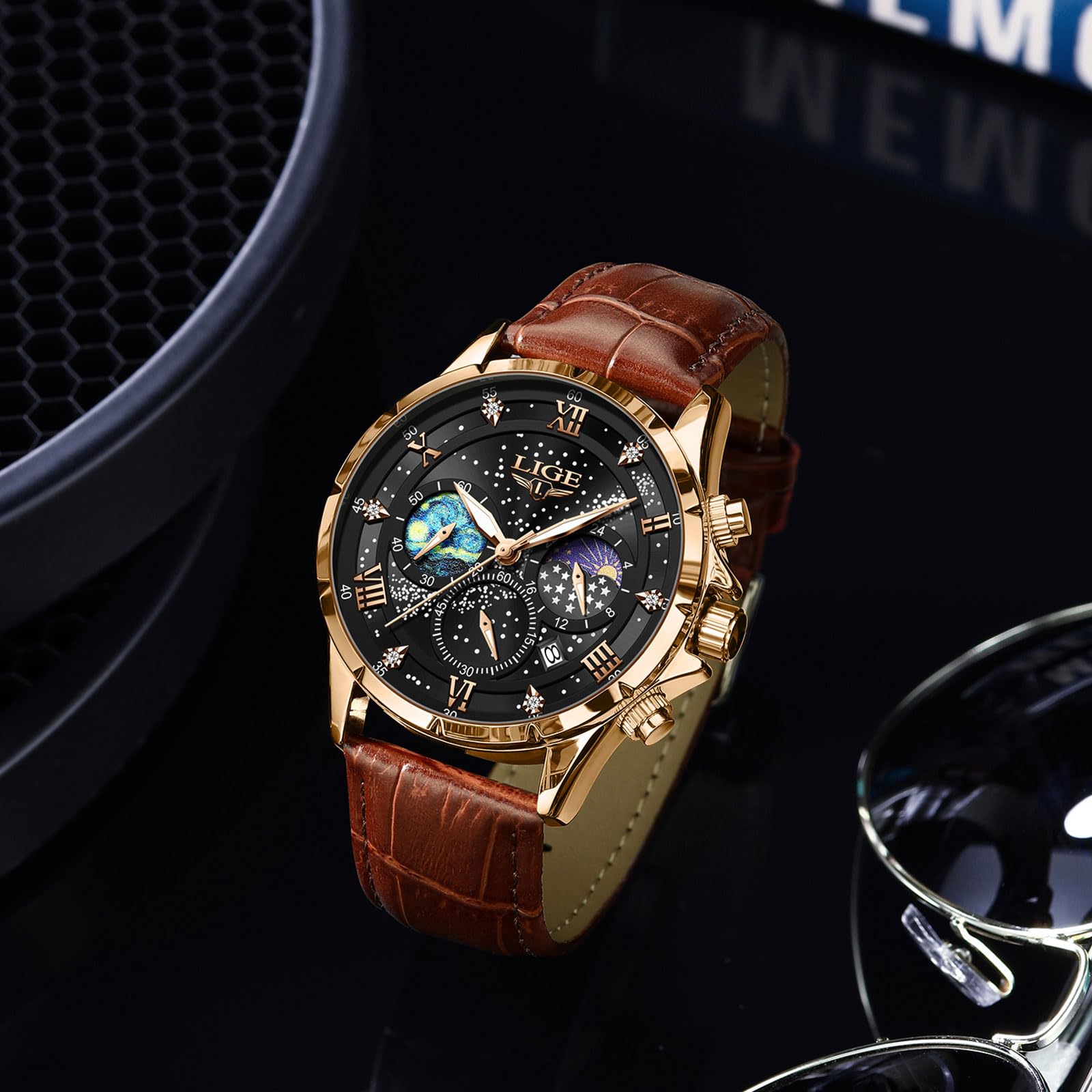 LIGE Orologio da polso da uomo, analogico, impermeabile, cronografo, casual, in pelle, impermeabile, display con fasi lunari, al quarzo, con data e luminoso, orologio da polso da uomo, Oro Nero