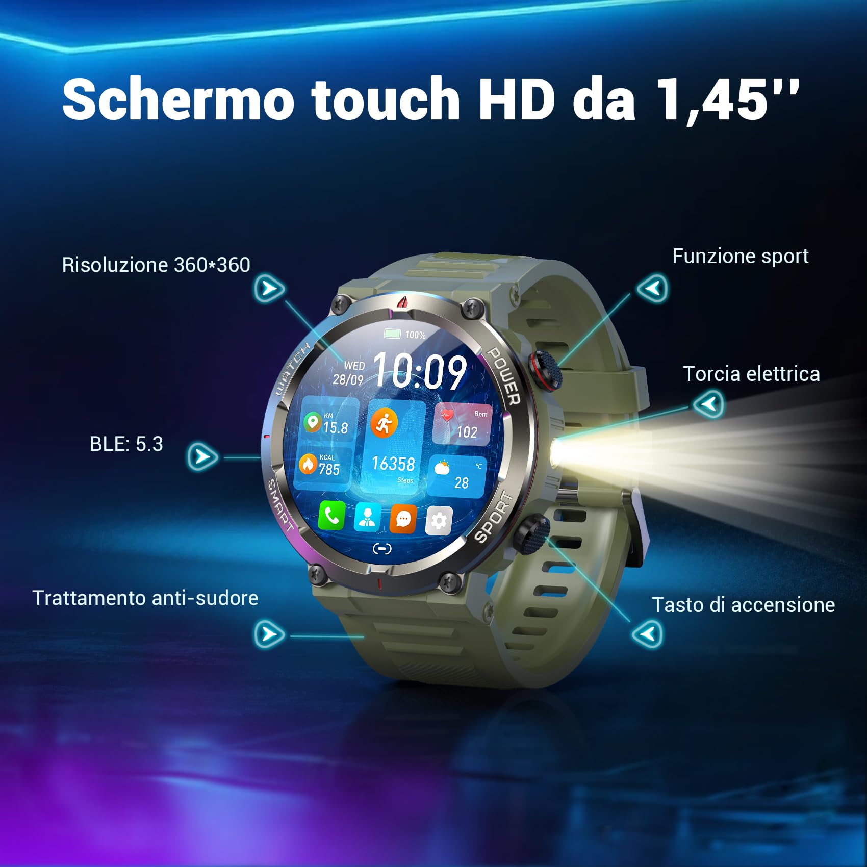 Blackview Smartwatch Uomo, Orologio Intelligente Fitness con Chiamate Bluetooth,1.45" Militari Smart Watch Tracker 100+ Modalità Sportive per Cardiofrequenzimetro,SpO2, Torcia,Bussola per Android iOS