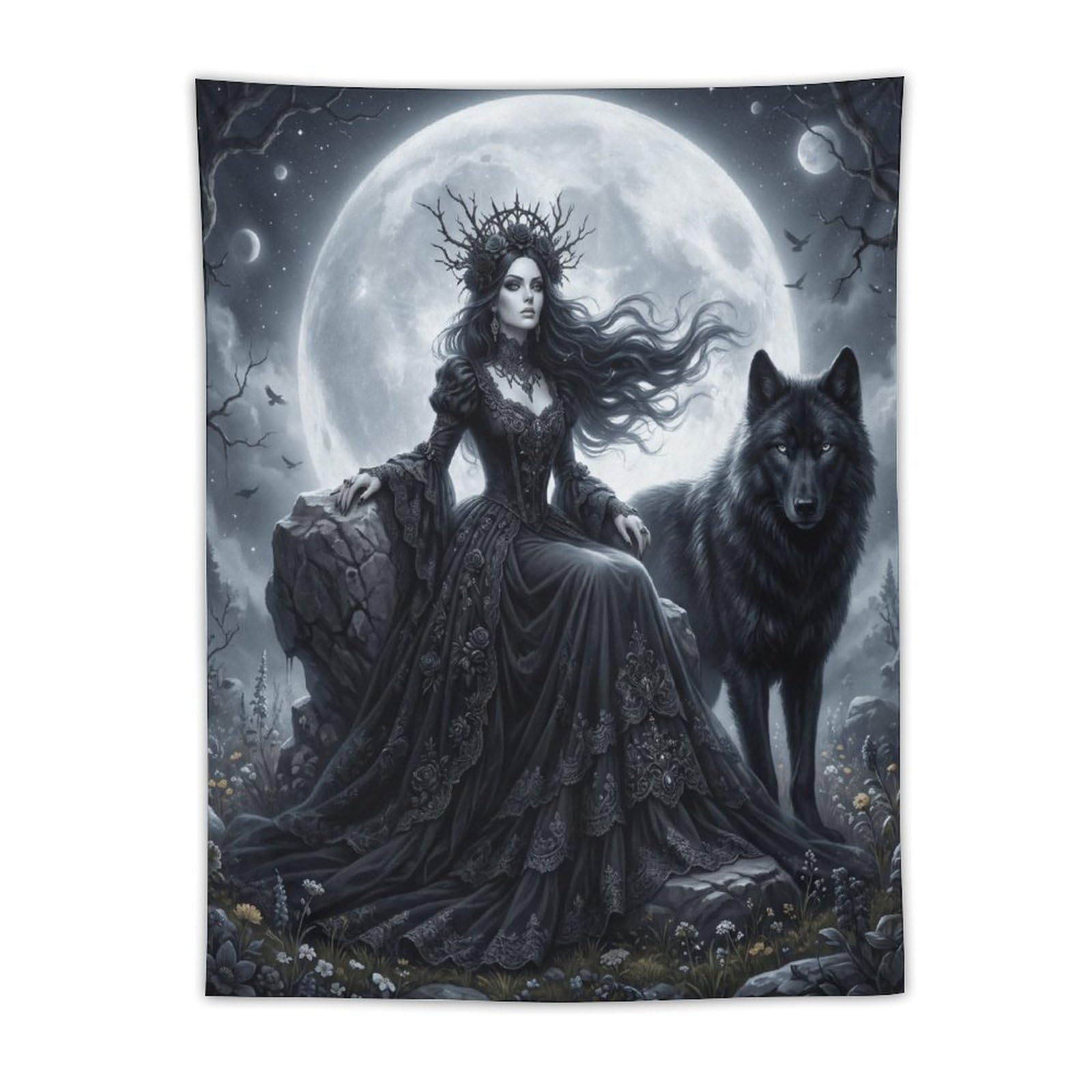 H3B8U2Y5 Dark Wolf Queen Moon Wall Tapestry, Realistic Illustration Style