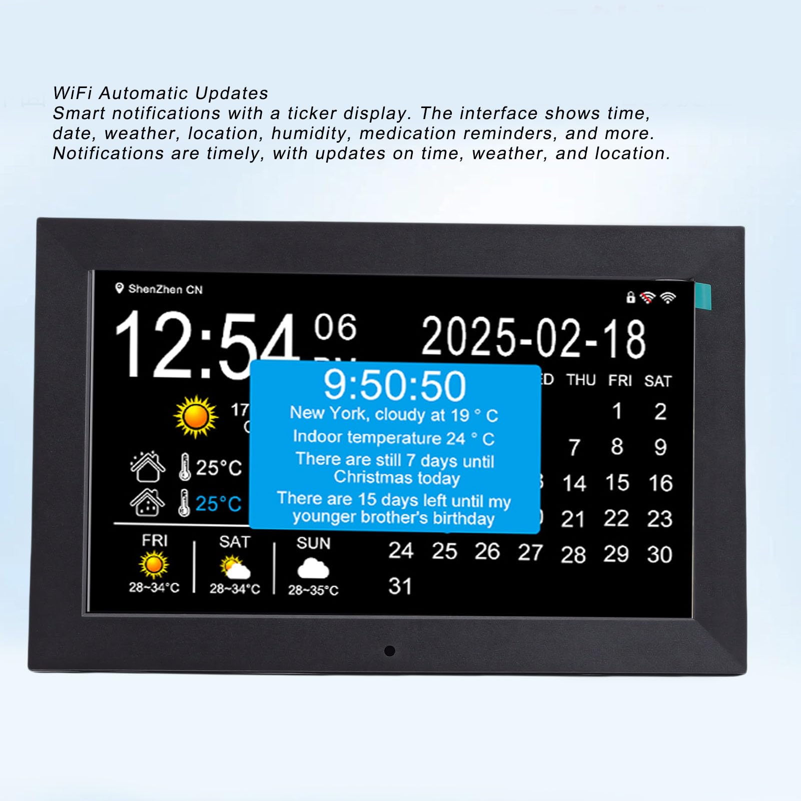 Reloj Digital Inteligente WiFi de 10 Pulgadas, Pantalla Grande con Clima en Tiempo Real, Temperatura Interior y Exterior, Humedad, Recordatorio de Medicamentos, Lectura (Enchufe Europeo)