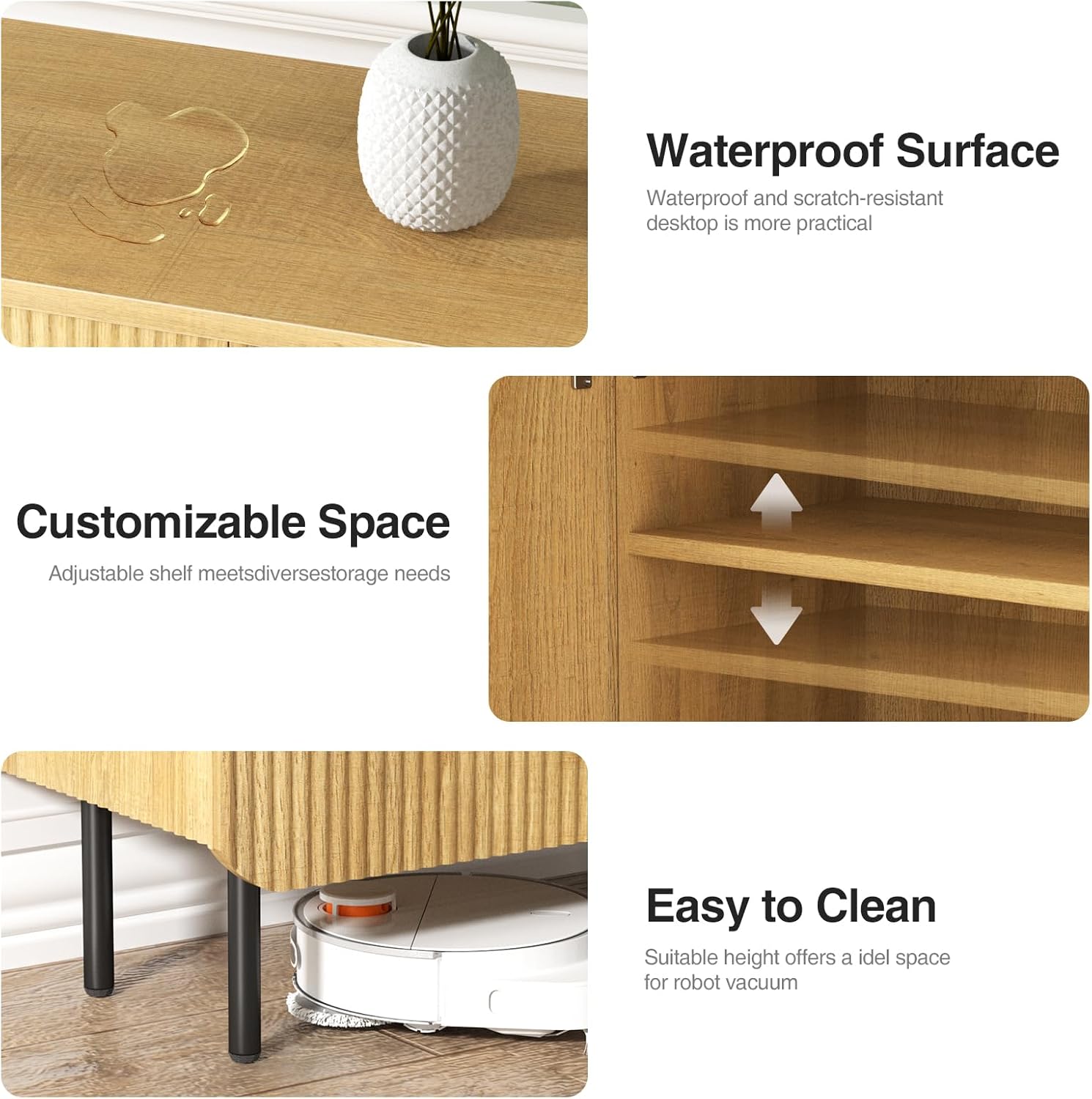 Interior view of the cabinet showing adjustable shelves with various items stored.