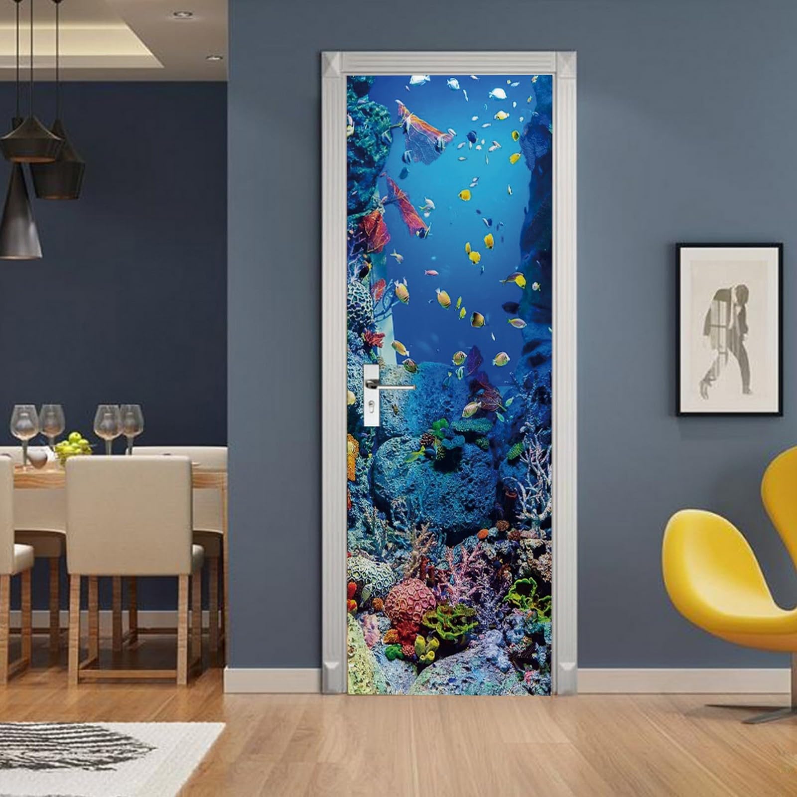 A.Monamour Adesivo Porta Autoadesiva 3D Barriera Corallina Di Pesci Sottomarini Sotto Il Tema Nautico Del Mare Vinile PVC Adesivi per Porte Interne Pellicola Adesiva Poster Murale Parete 85x200cm