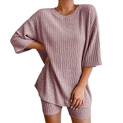Summer Sets Women 2 Piece Outfits Dressy Pajamas Lounge Set Ribbed Knit for Women Matching Tshirt Shorts Outfits
