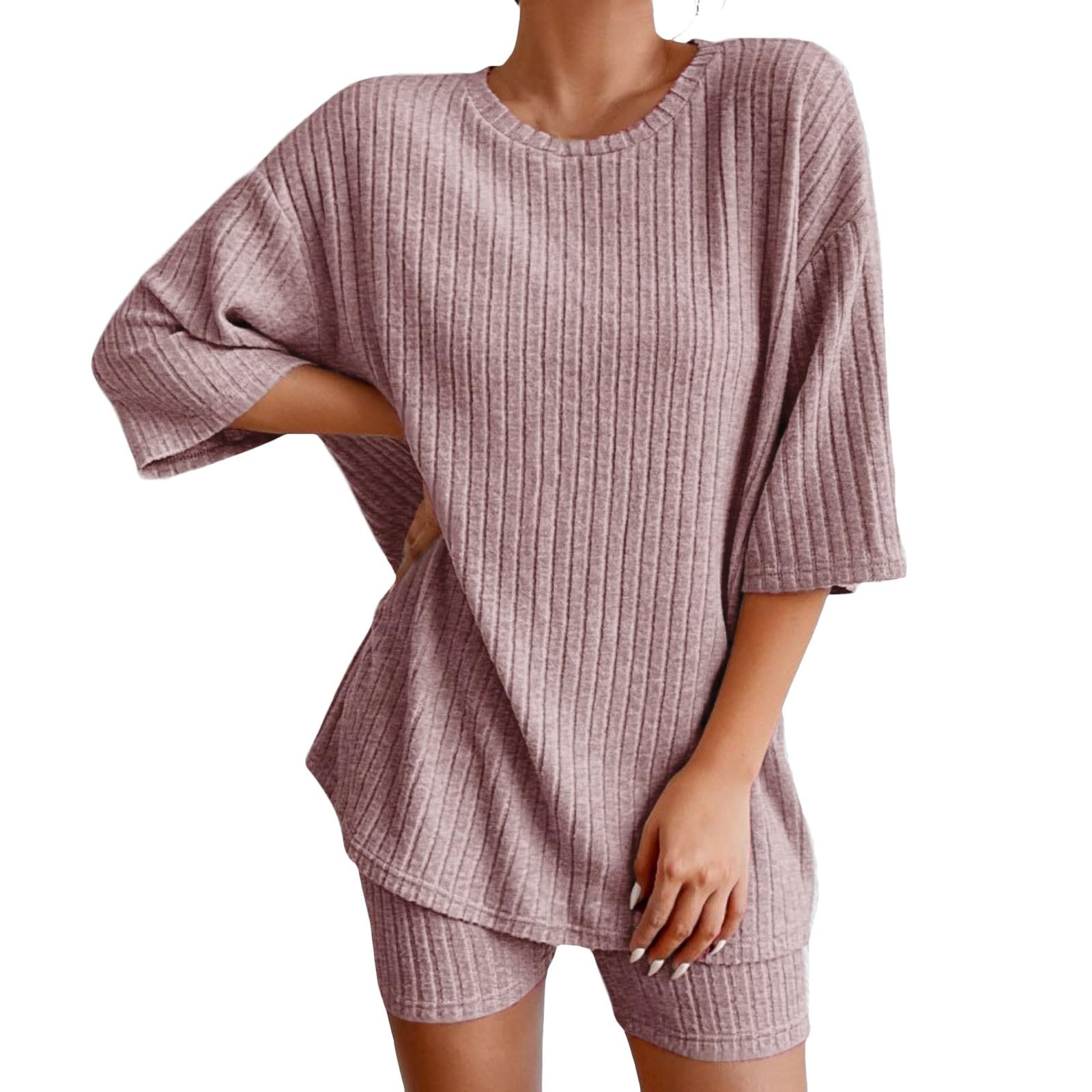 Summer Sets Women 2 Piece Outfits Dressy Pajamas Lounge Set Ribbed Knit for Women Matching Tshirt Shorts Outfits