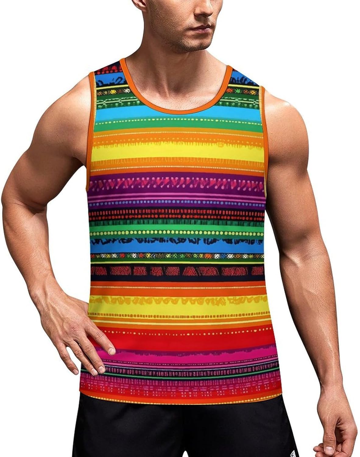 Mexican Serape Colorful Stripes Mens Tank Top Sleeveless Workout Gym Shirts Undershirt