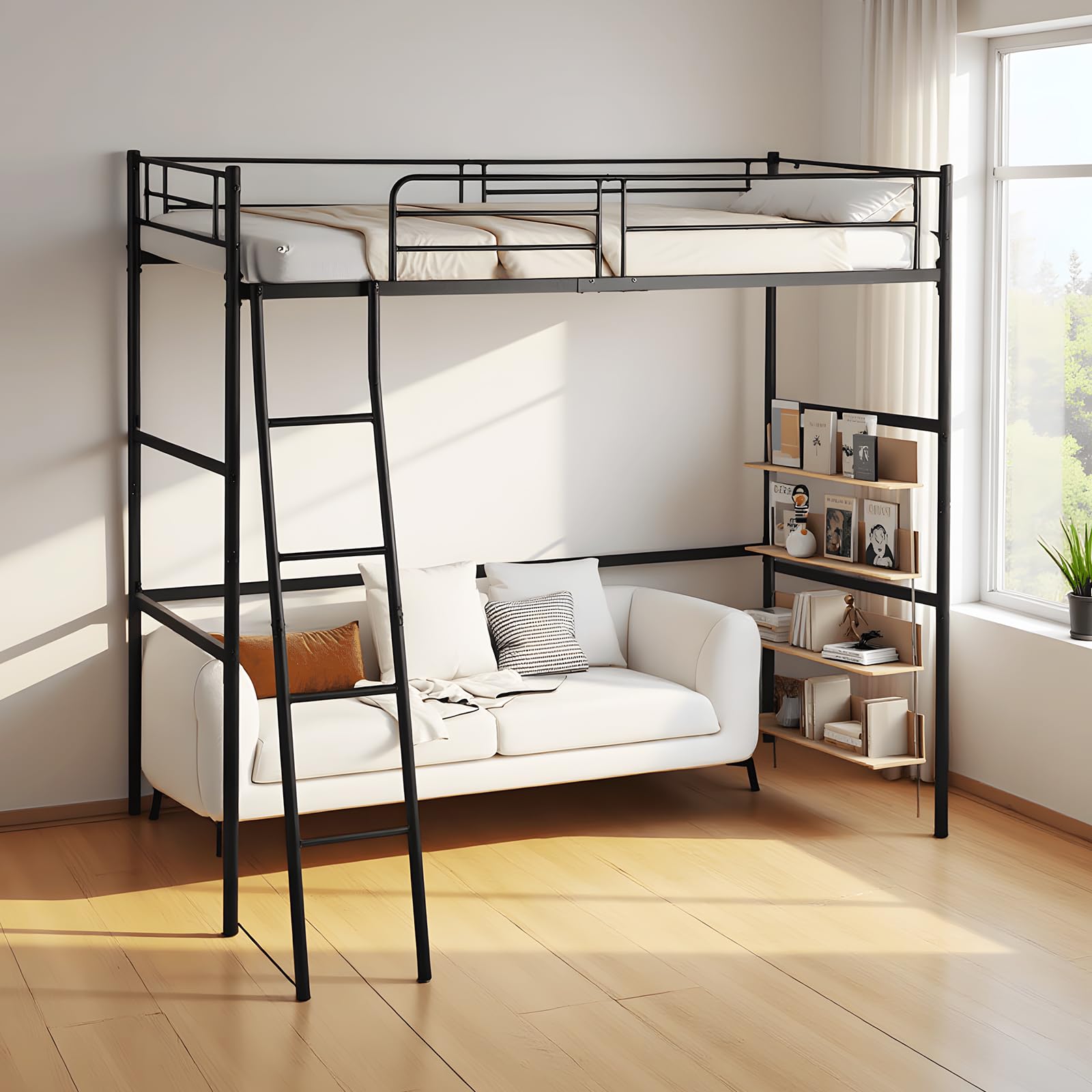 Cama Alta 90 x 200 cm, Cama de Hierro con Escalera, Cuna con Marco de Hierro, Negro, para Habitaciones Juveniles | Cama de hierro con escalera, estructura robusta, color negro, ideal para habitaciones juveniles, soporta hasta 150 kg