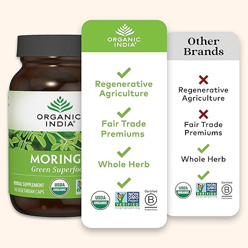 Miniatura 5 de ORGANIC INDIA Cápsulas de Moringa Orgánicas - Suplemento de Hoja de Moringa, Superalimento Verde, Superverde Puro, Superalimentos Veganos