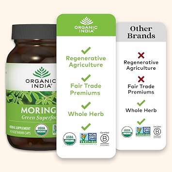 ORGANIC INDIA Moringa Capsules Organic, Pure Supergreen, Vegan, 60 Capsules