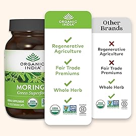 ORGANIC INDIA Moringa Capsules Organic - Moringa Leaf Supplement, Green Superfood Supplement, Pure Supergreen, Vegan Greens, Nature\'s Multivitamin, Vegan, Gluten-Free - 60 Capsules