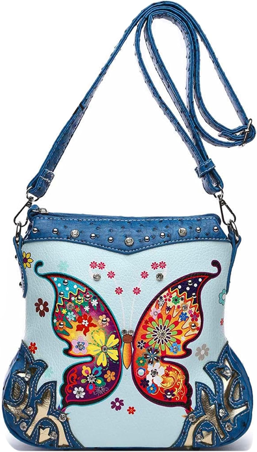 Western Style Metal Butterfly Rhinestone Studded Floral Tooled Leather Women Purse Crossbody Handbag Single Shoulder Bag