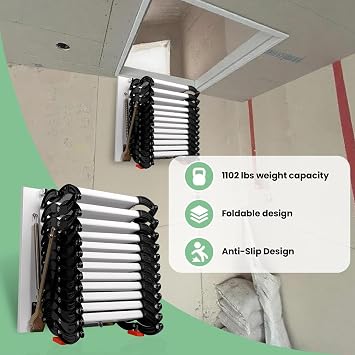 12-Steps Wall-Mounted Attic Ladder Pull Down, 12 Ft Foldable Loft Ladder with 1103 LBS Capacity, Anti-Slip Safety Treads for Easy and Secure Attic Access