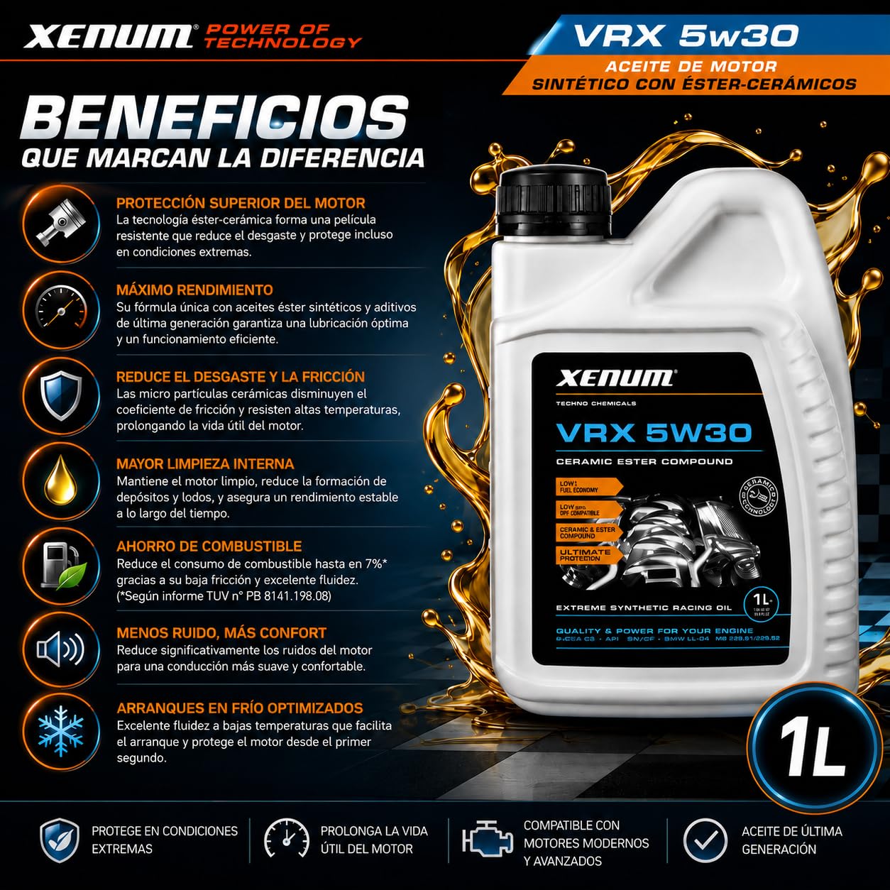 Xenum VRX 5W30 1L – Aceite de Motor Sintético con Tecnología Éster-Cerámica, ACEA C3, API SN/CF, Protección Avanzada, Reduce Fricción, Ahorra Combustible y Mejora Arranque en Frío