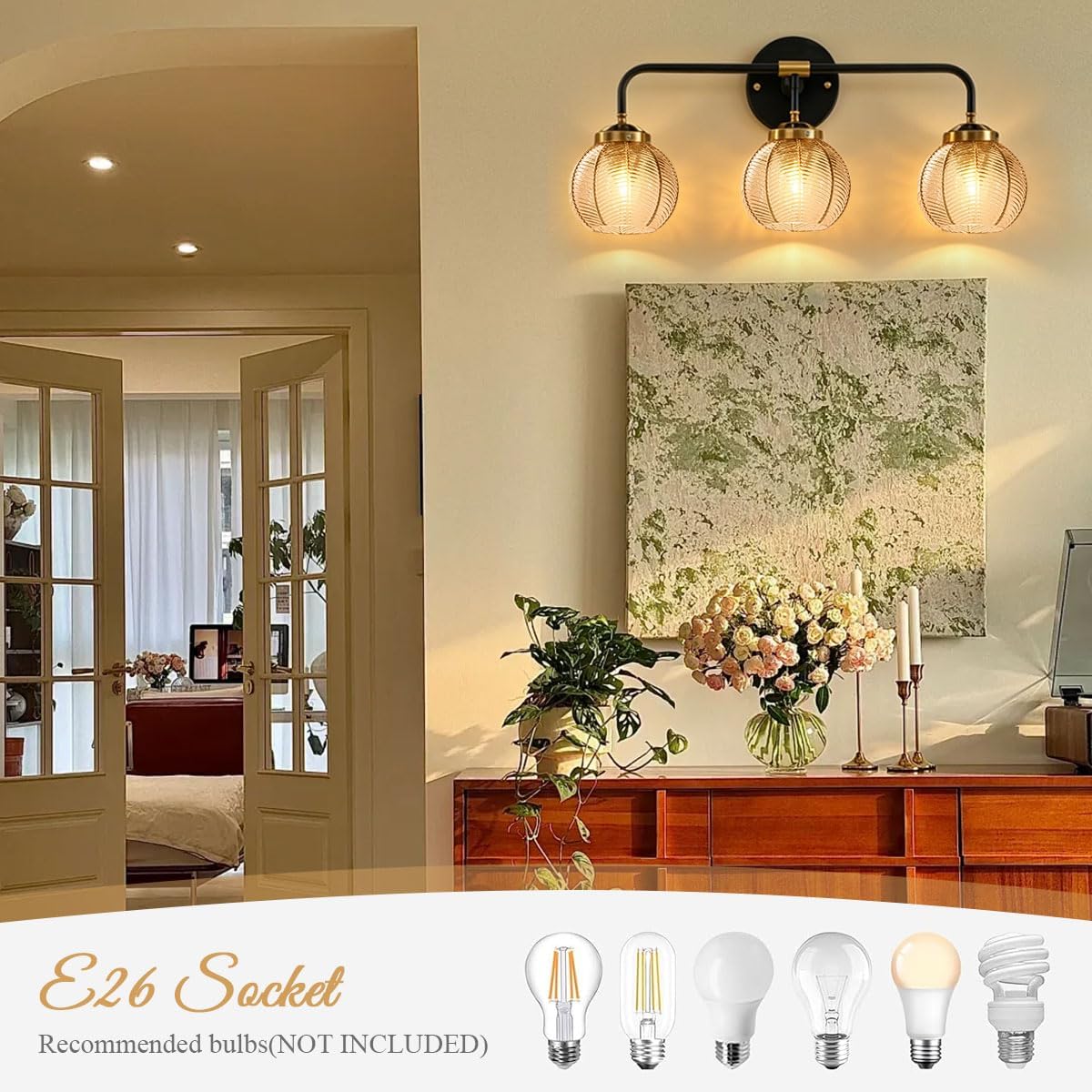 3 Light Glass Globe Wall Sconce Lights Amber Mid Century Modern Wall Light Fixtures Bathroom Vanity Lights with Ribbed Glass Shade Black Gold Wall Mount Lamp Over Mirror Bedroom