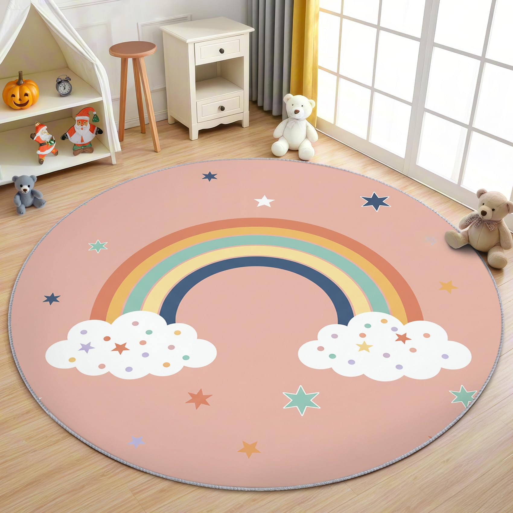 Regenbogen Teppich Rund 120cm Kurzflor - Waschbare Teppiche Wohnzimmer Sterne Rosa Mädchen Kinder - Runder Teppich 120 Durchmesser - Bettvorleger Schlafzimmer rutschfest Weich