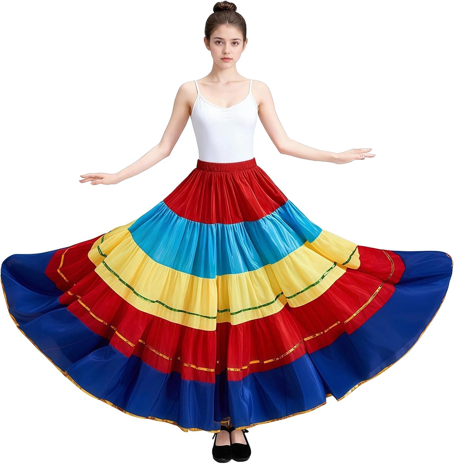 Women's Color Splice Swing Long Skirt for Lyrical Belly Folkloric Mexican Dance & Flamenco Dance Skirt