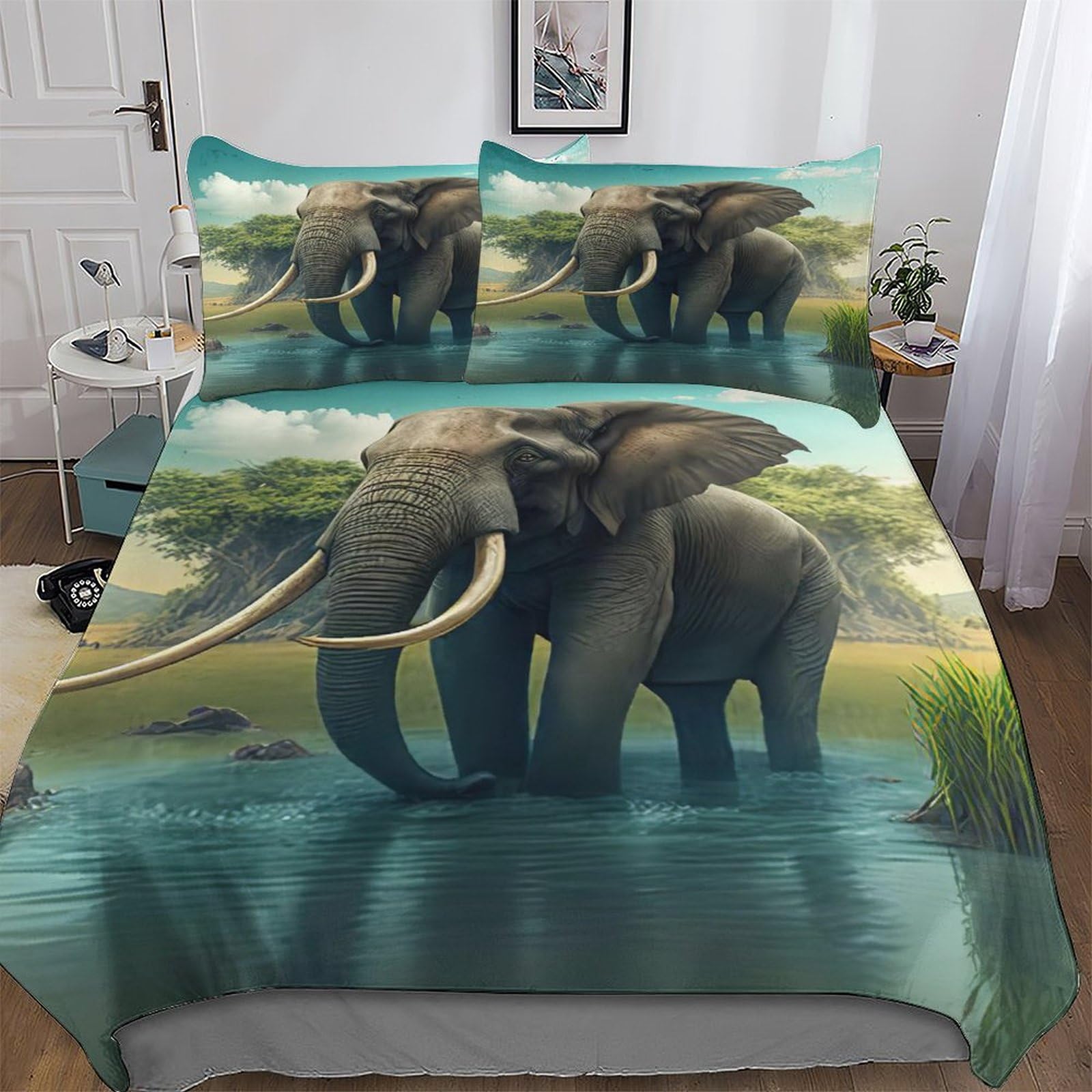 Housse de couette éléphant King 220x240 cm avec taies d'oreiller en microfibre coton douce