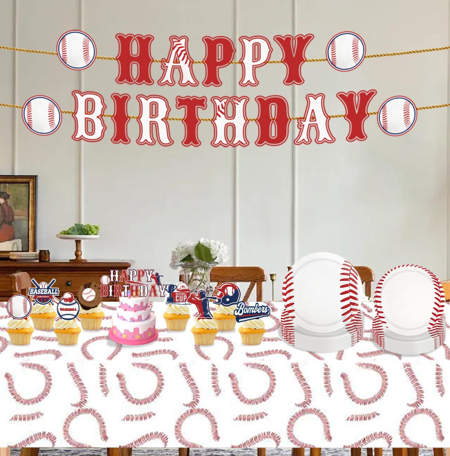 163pcs Baseball Themed Birthday Party Supplies Including Banner,Plates,Napkins,Forks Tablecloth Cake Toppers Complete Disposable Tableware Set for Sport Themed Party Serve 24 Guests - Image 6