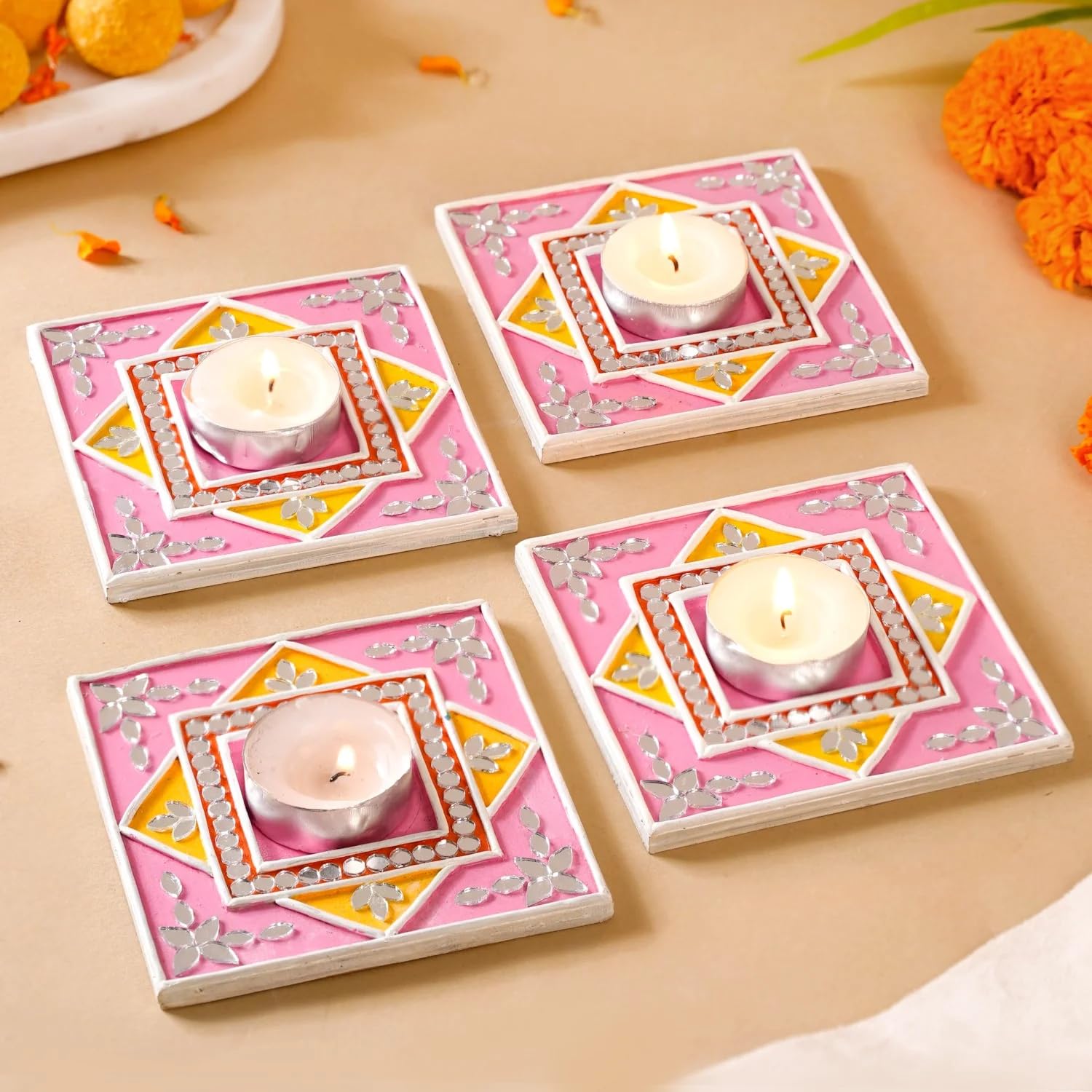 Mannikin Handcrafted Lippan Art Tealight Candle Holder with Mirror Work, Pink, Square, 10.3x10.3 cm, Set of 4, Diwali Decor Items Small T Lites Christams Diya-image-39