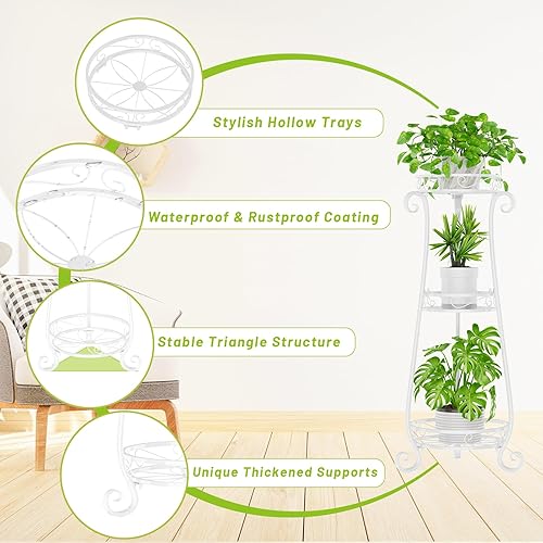 Miniatura 5 de KMOTASUO Soporte de metal de 3 niveles para múltiples macetas grandes, organizador de interiores y exteriores, estante alto de flores resistente