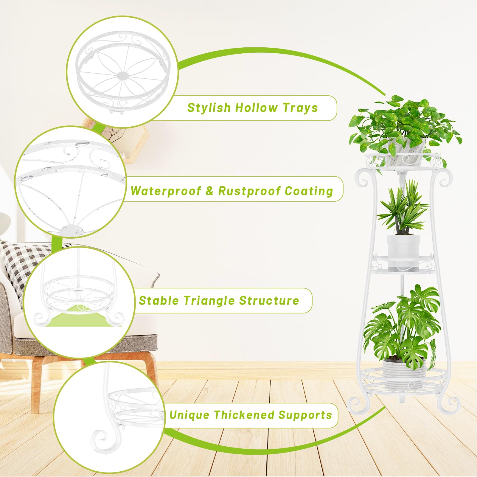 Soporte de metal de 3 niveles para plantas de interior, 34 pulgadas de alto para plantas de interior, soporte para macetas de flores, estante de exhibición para balcón, jardín, patio, sala de 4