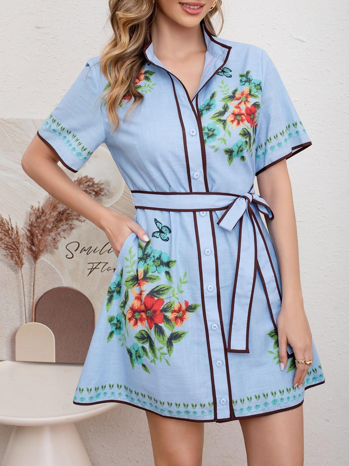 CHARTOU Women's Floral Linen Button Down Wrap Tie Knot Boho Beach Shirt Dress with Belt - Image 3