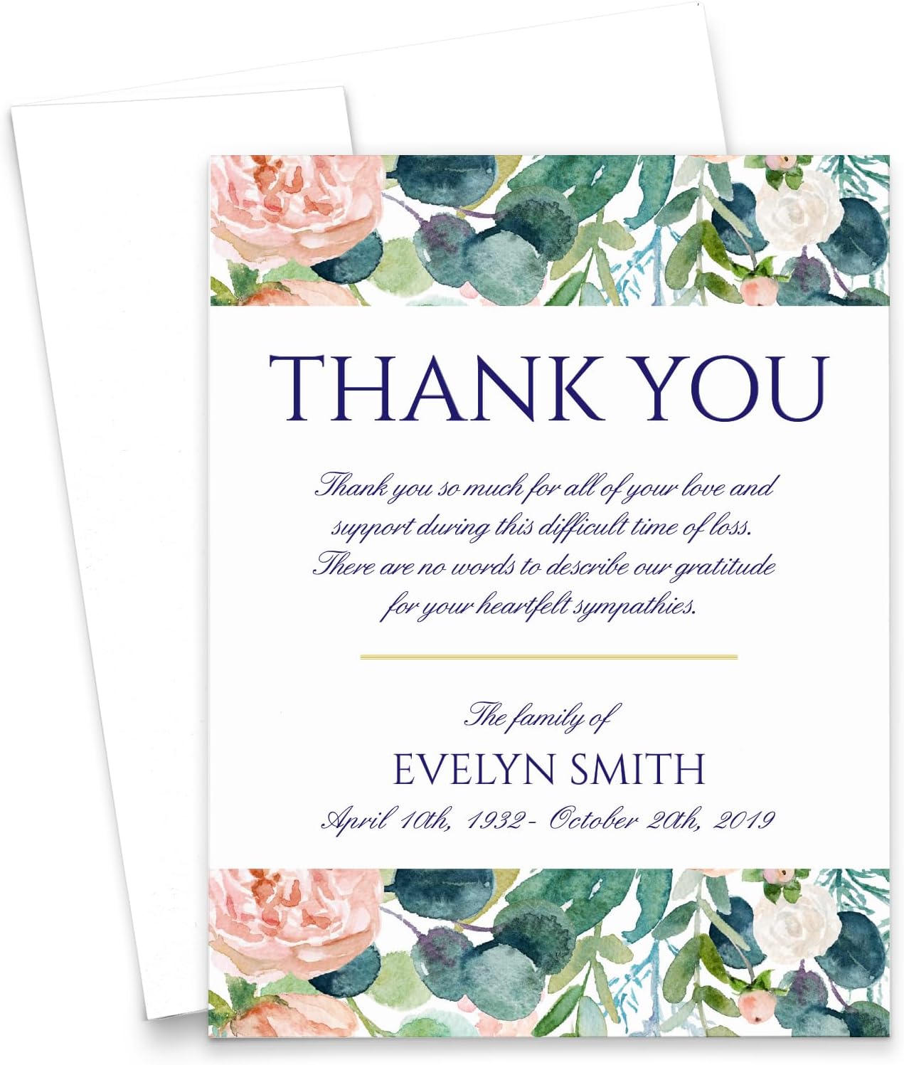 Elegant Florals Funeral Sympathy Thank You Cards With Envelopes, Personalized Celebration of Life Thank You Cards, Thank You Funeral Stationary, Your Choice of Quantity and Envelope Color