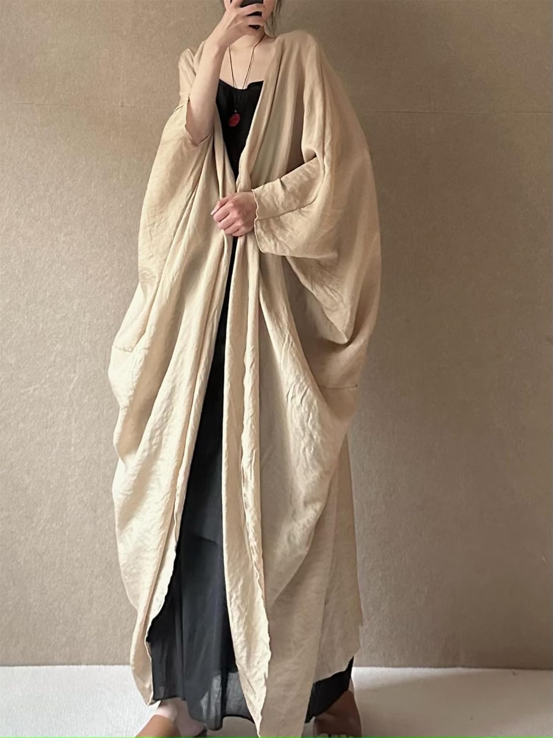 PRINCESS BRIDE Literary Painter Cotton Linen Women Lightweight Open-Front Long Cardigans Flowy Loose Outerwear Drapey Trench Coats, One Size, Beige - Image 2