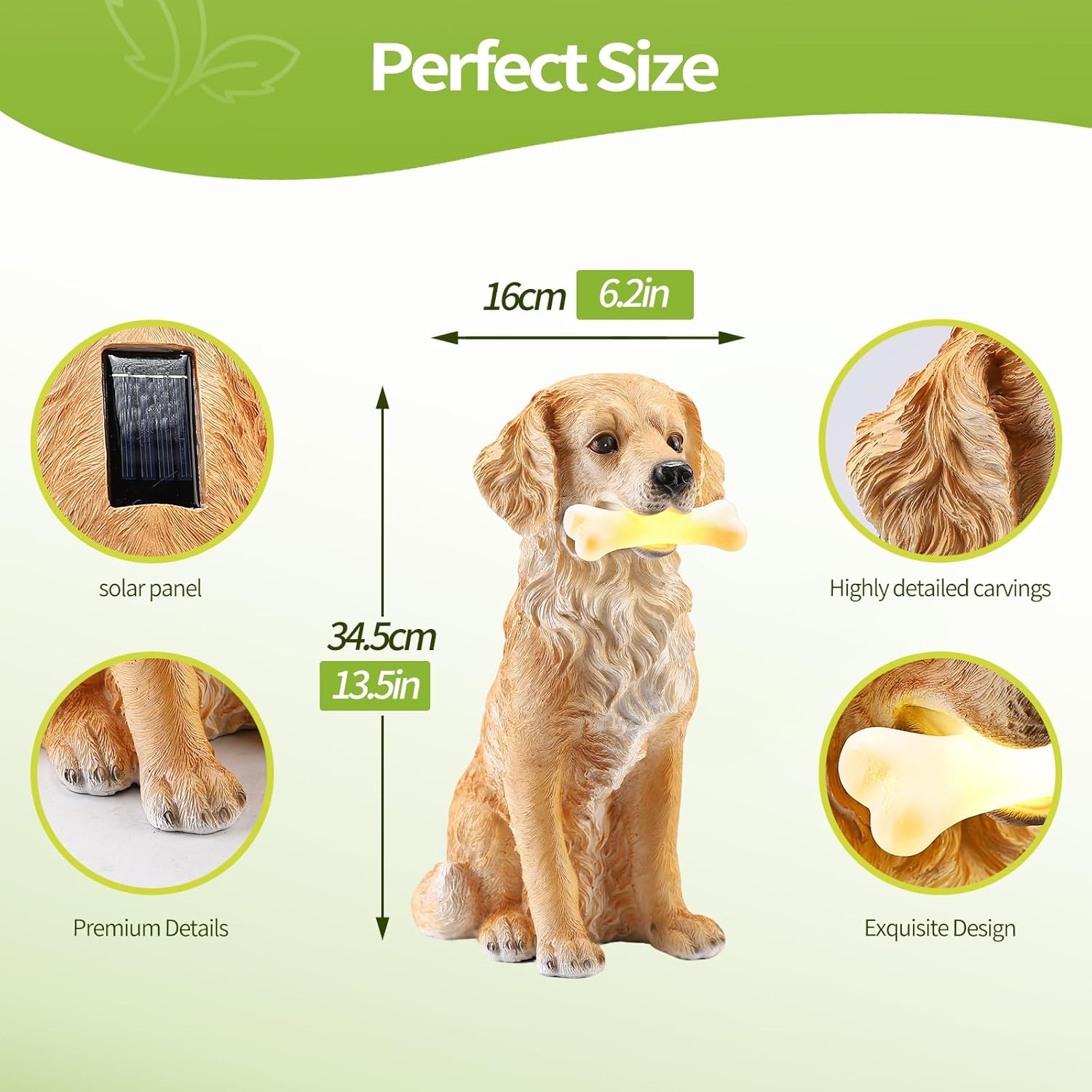 13.6" Solar Golden Retriever Garden Statue with Bone Light, Resin Sitting Dog Outdoor Decor, Waterproof Solar Powered Animal Statue for Yard, Lawn, Garden