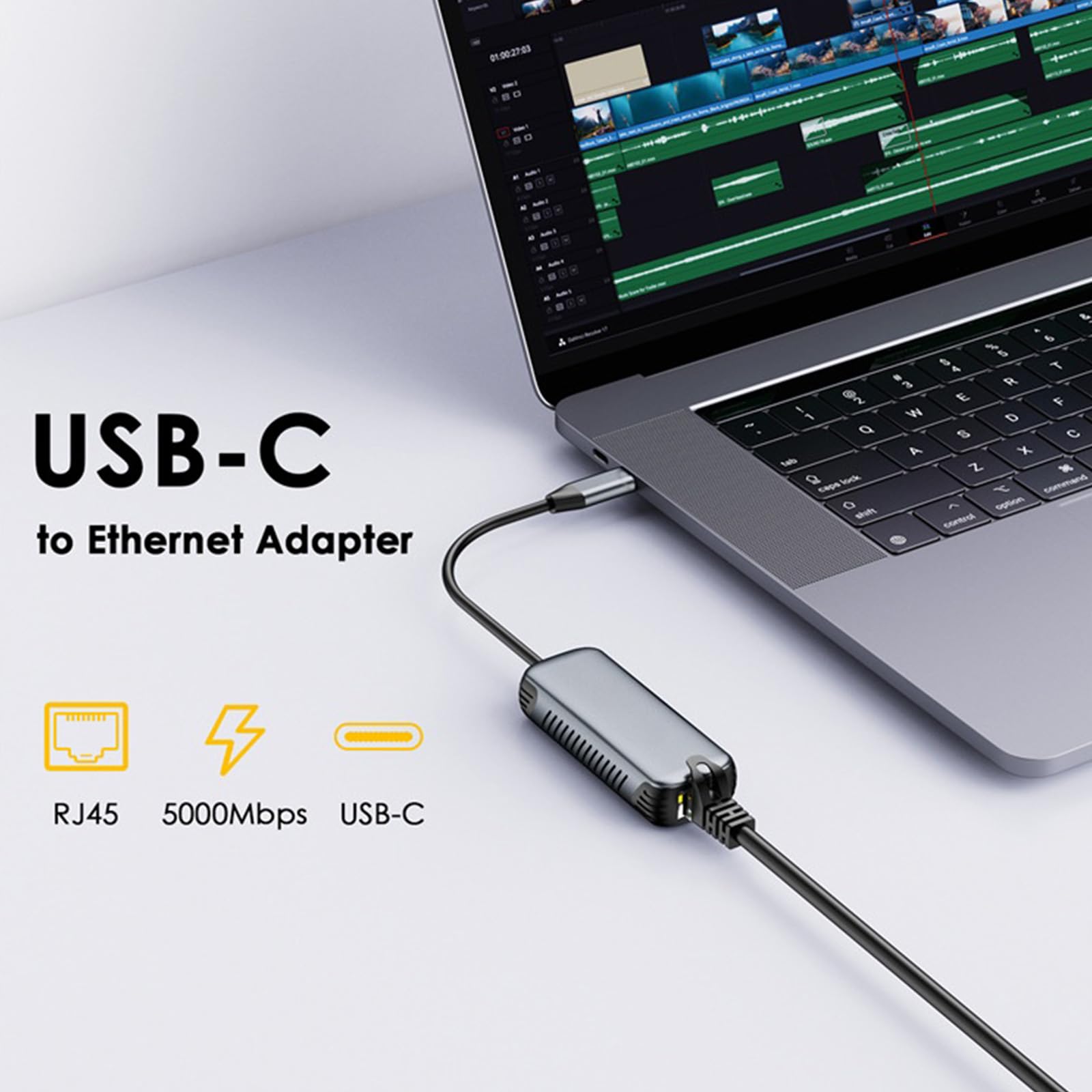 Adaptateur USB C vers RJ45 Ethernet 5 Gbit/s Corps en aluminium Vitesse rapide Plug Play pour ordinateur portable Tablette Adaptateur USB Ethernet en aluminium