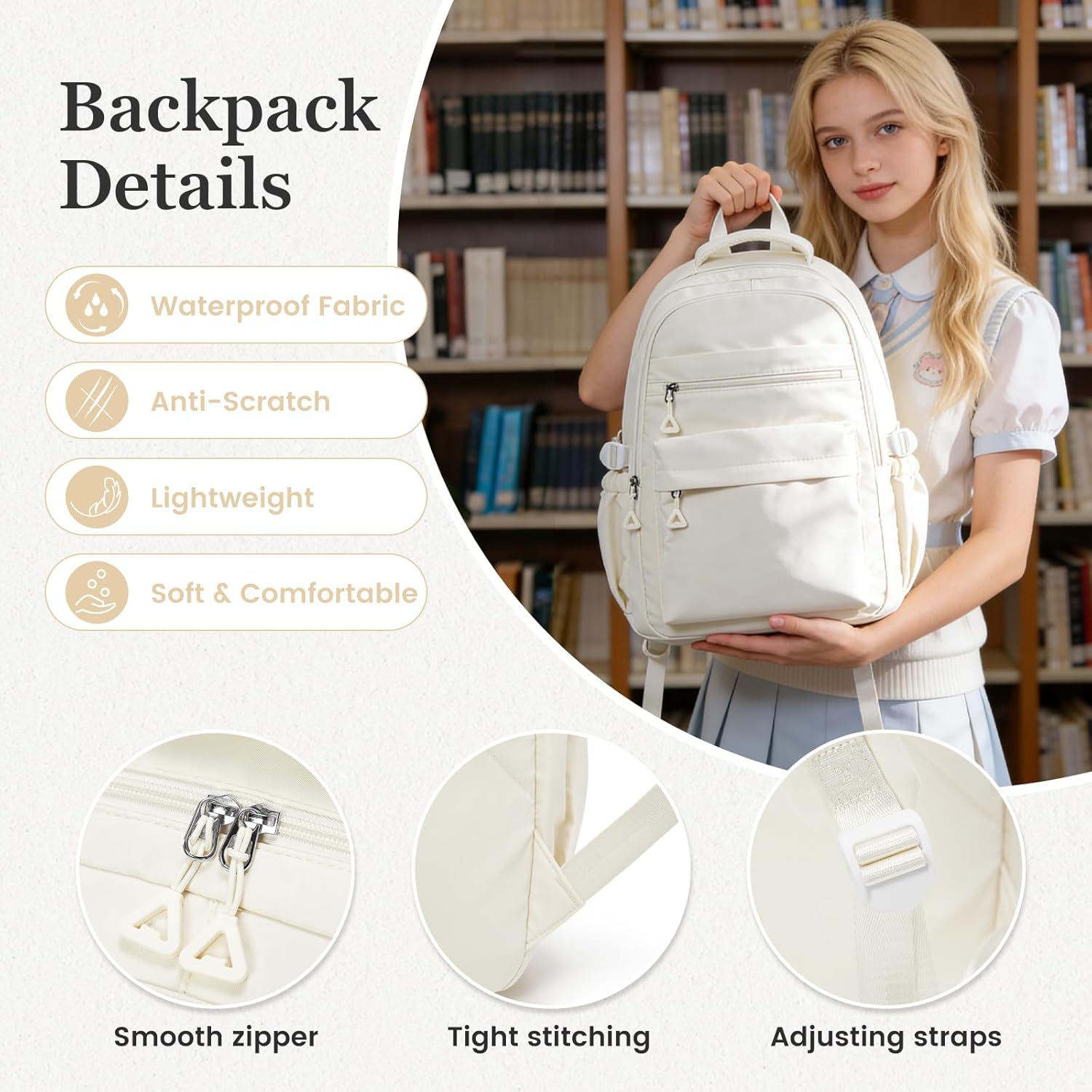 Backpack for College Students Women Men, Aesthetic Backpacks for Middle School, Waterproof Bookbag, Lightweight High School Backpack for Teens Boys Girls(Beige) - Image 5