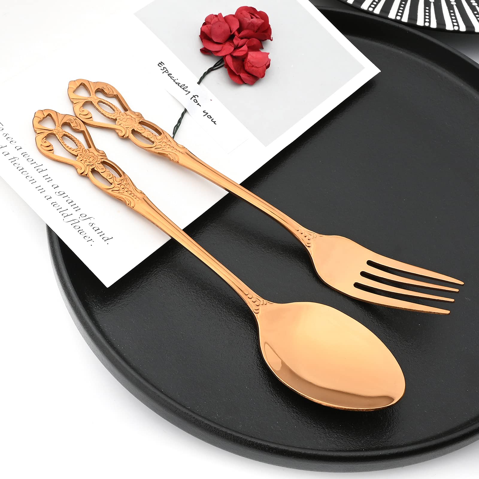 Royal - Vajilla de 24 piezas con espejo de oro rosa, de acero inoxidable 18/10 para 6 vajillas, ideal para bodas, restaurantes, lavaplatos