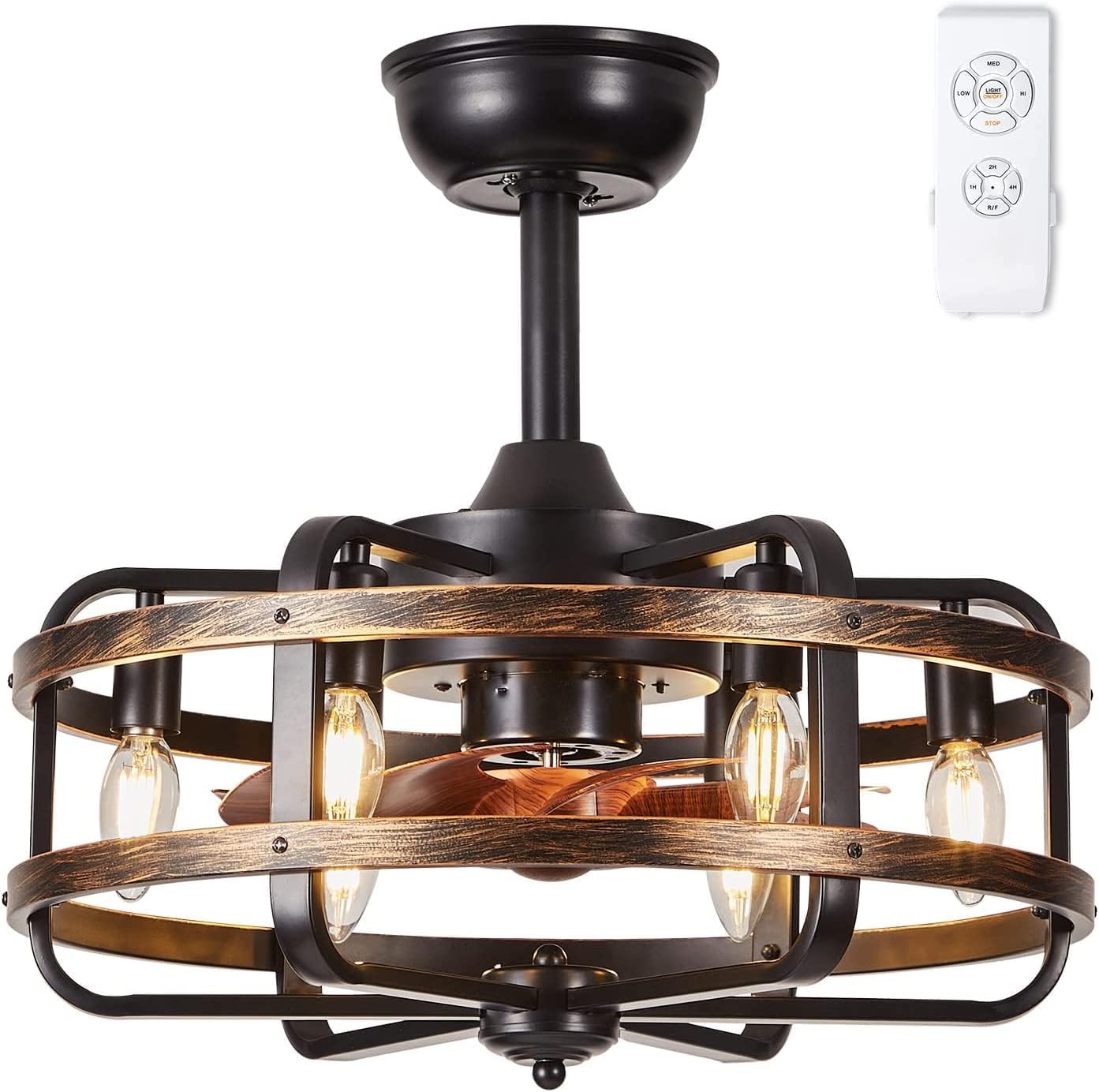Ceiling Fan with Light Remote Control Industrial Retro Black Iron Cage 46cm, Silent Reversible 3 Speed, Ceiling Fans with Lamp Replaceable E14 x6, Living Room Bedroom