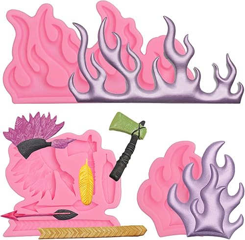 Moldes de caramelo de llama, juego de 3, moldes de silicona para decoración de pasteles de fuego, flecha de pluma de hacha, herramientas para