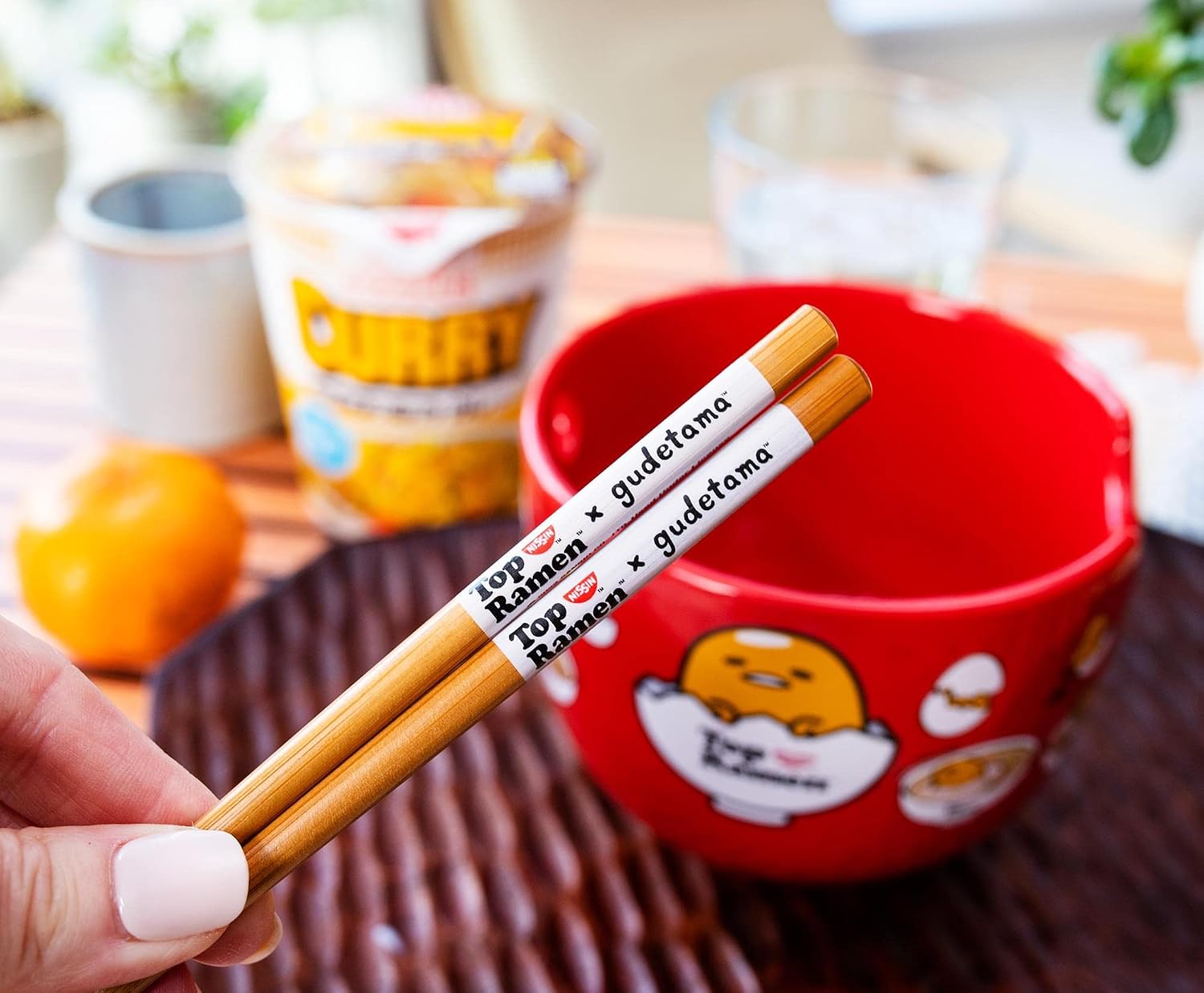 Sanrio Gudetama x Nissin Top Ramen Japanese Ceramic Dinnerware Set | Includes 20-Ounce Ramen Noodle Bowl and Wooden Chopsticks