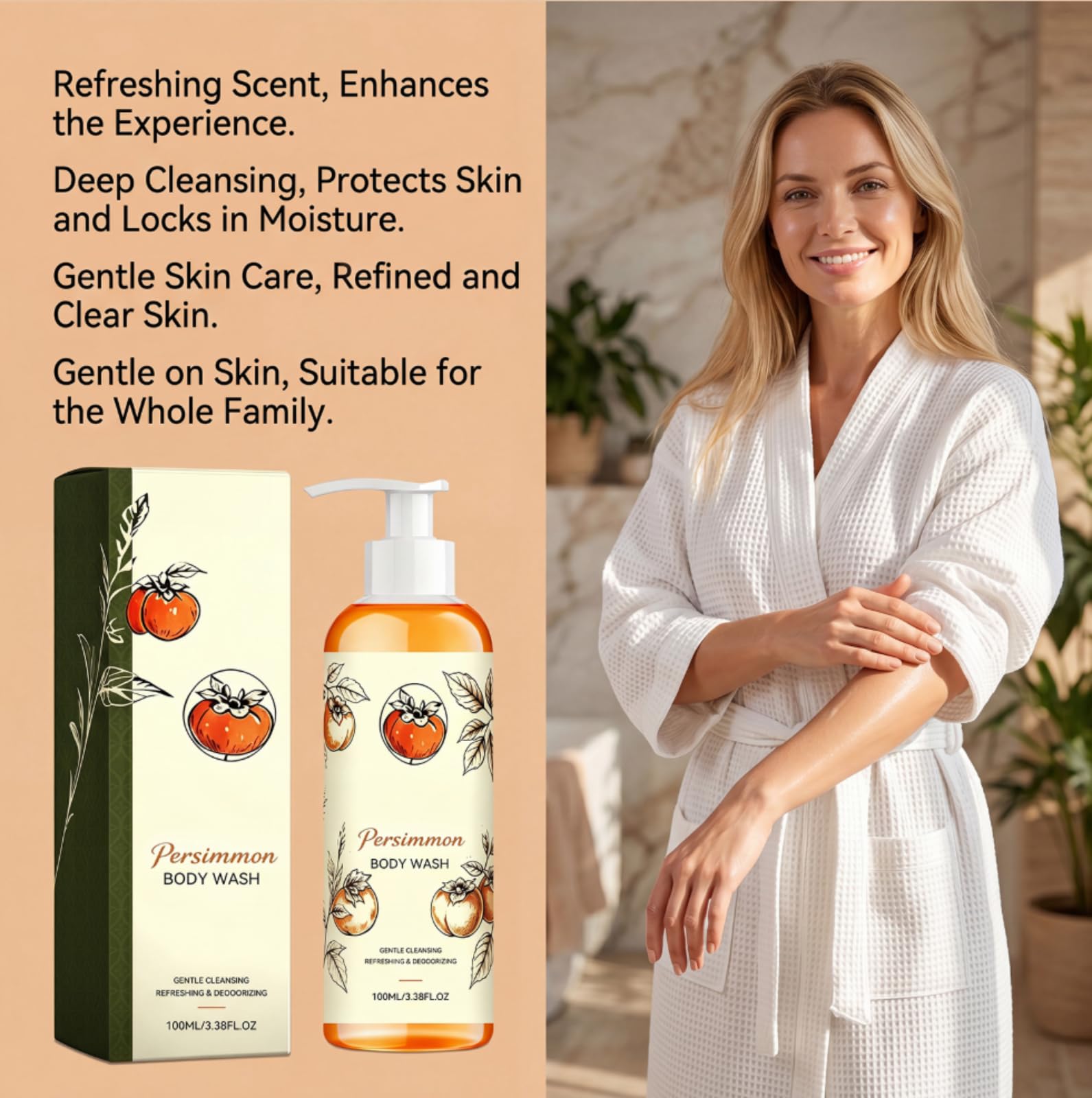 Gel Doccia Detergente Corpo Profumo Frutta Dolce Deodorante Fresco | Cura del corpo del gel doccia con estratto di cachi pulizia delicata effetto deodorante per uso quotidiano