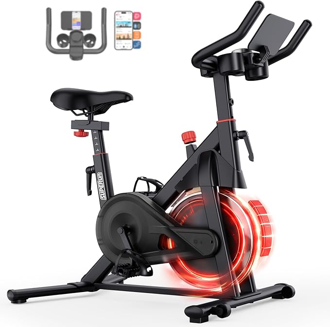 Superun Exercise Bike for Home Use Spin Bike with Adjustable Magnetic Resistance, Stationary Bike with LCD Display and APP, 136 kg Weight Capacity