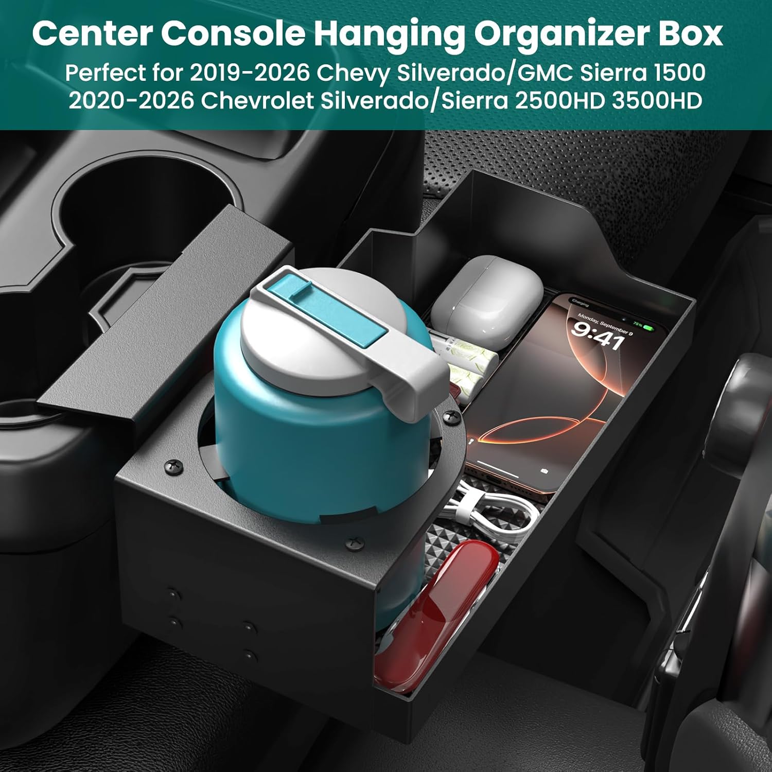 Metal Center Console Hanging Organizer Box with Cup Holder Compatible with 2019-2026 Chevy Silverado/GMC Sierra 1500 and 2020-2026 Chevrolet Silverado/Sierra 2500HD 3500HD Tray Accessories