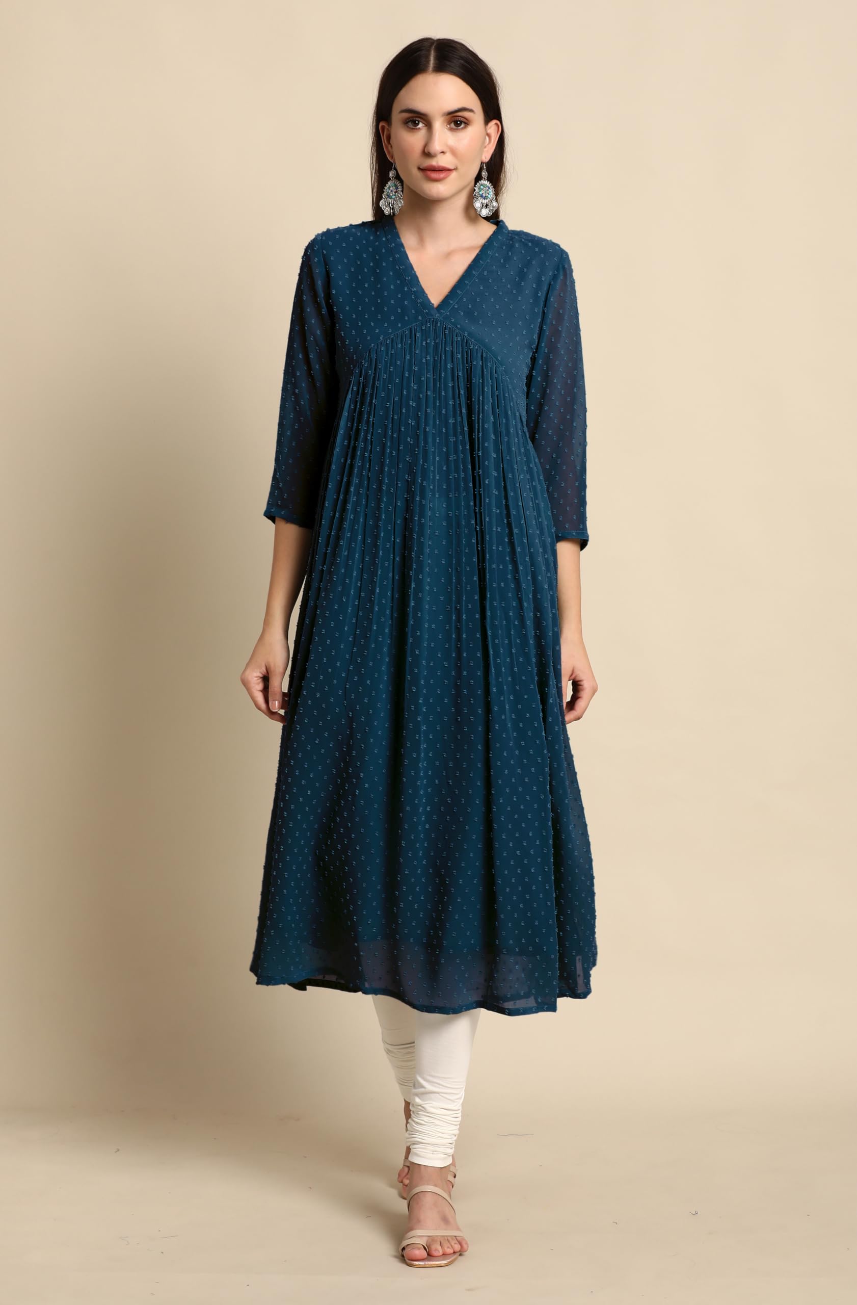 Janasya Women's Dobby Chiffon Self Design Flared Kurta