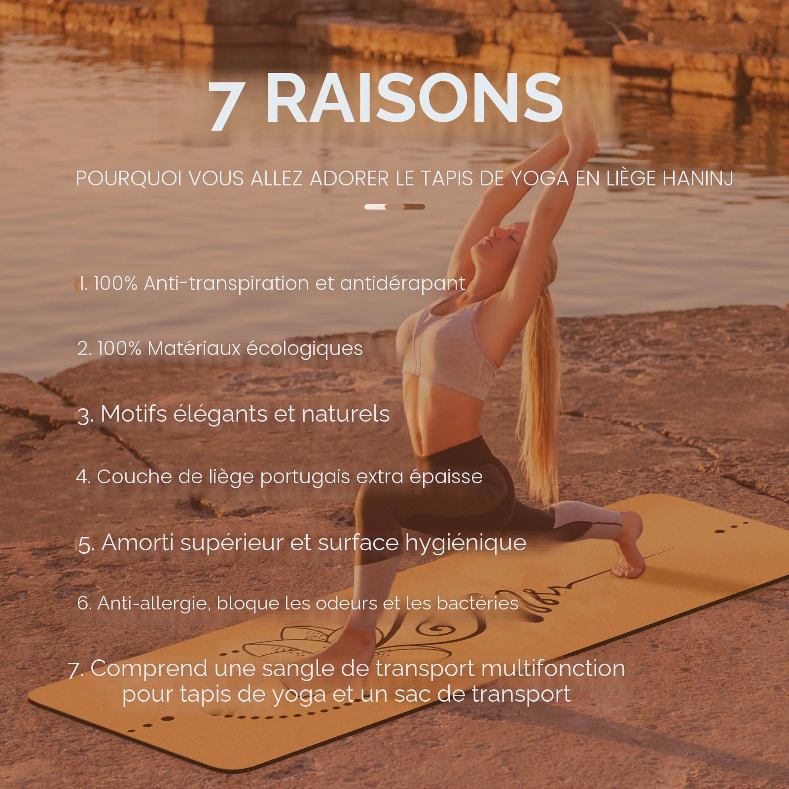 Tapis De Yoga en Liège Naturel 100% Tapis d'exercice Ecologique Haute Densité183X61Cm avec Sangle De Transport pour La Maison, Le Pilates,Le Gymnase Et L'Entraînement