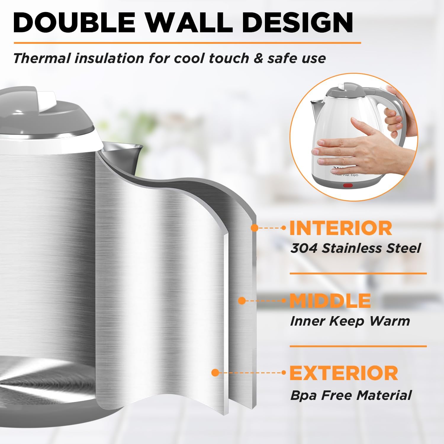 Electric Kettle, 1.8L Tea Kettle for Coffee & Tea, Fast Boil, Auto Shut-Off, White