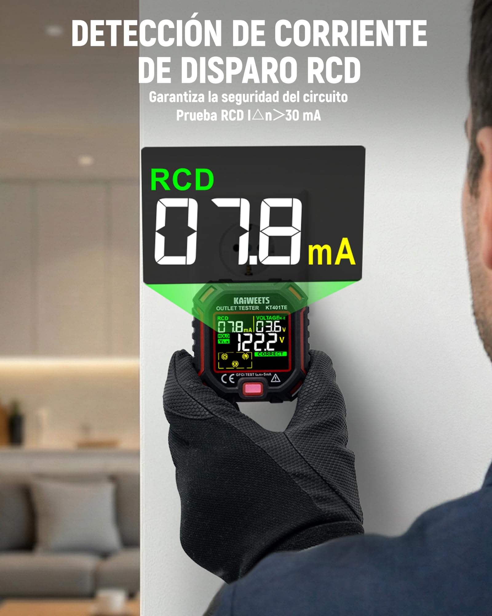 KAIWEETS Comprobador de enchufes con prueba de RCD y pantalla LCD de voltaje, indicador de tensión, 7 pruebas de cableado, medición de tensión de fuga, comprobador de enchufes 200-250 V, CAT II 300 V