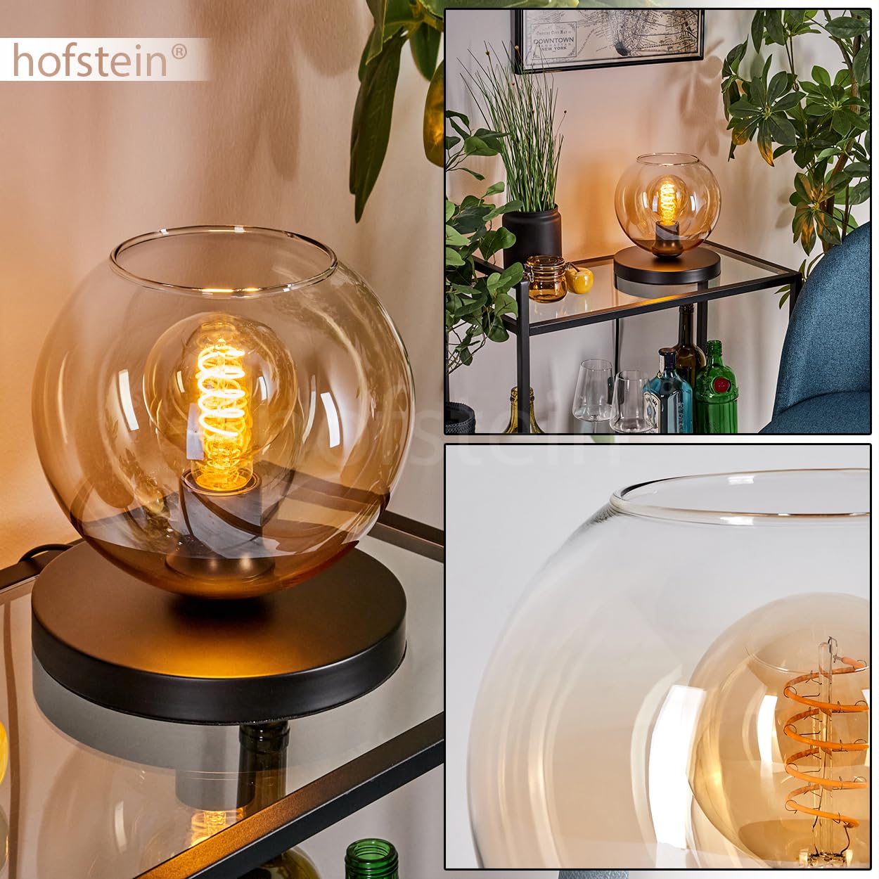 Tischleuchte Apedo, Tischlampe aus Metall/Glas in Schwarz/Bernstein/Klar, Leuchte im modernen Retro/Vintage-Design mit Schirm aus Glas (Ø 20 cm) u. An/-Auschalter am Kabel, 1 x E27, ohne Leuchtmittel