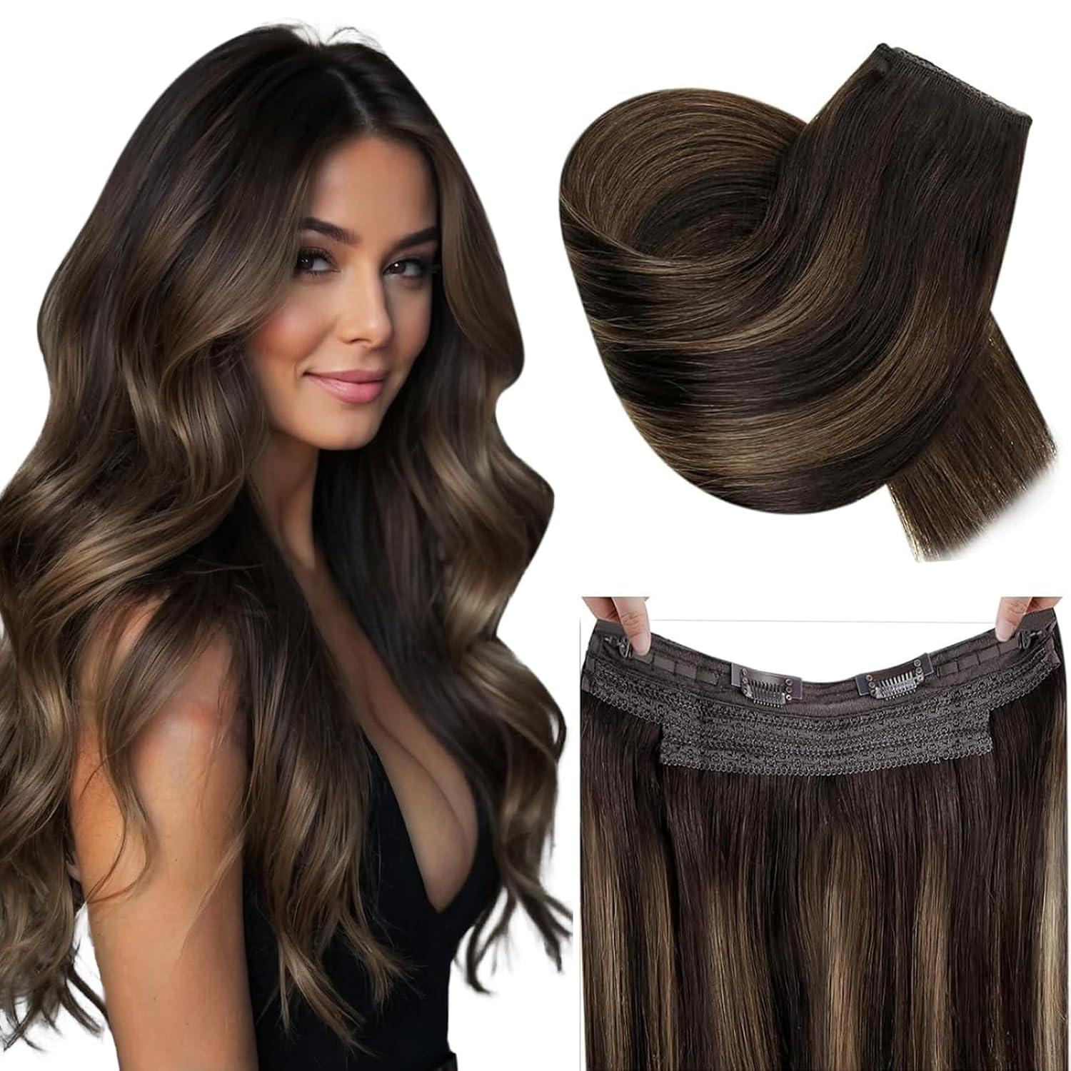RUNATURE Wire Hair Extensions Balayage Dark Brown to Chetsnut Brown Ombre Hidden Wire Human Hair Extensions with Transparent Fish Line 12 Inch 70g Balayage Hair Extensions Secret Headband Natuarl Hair